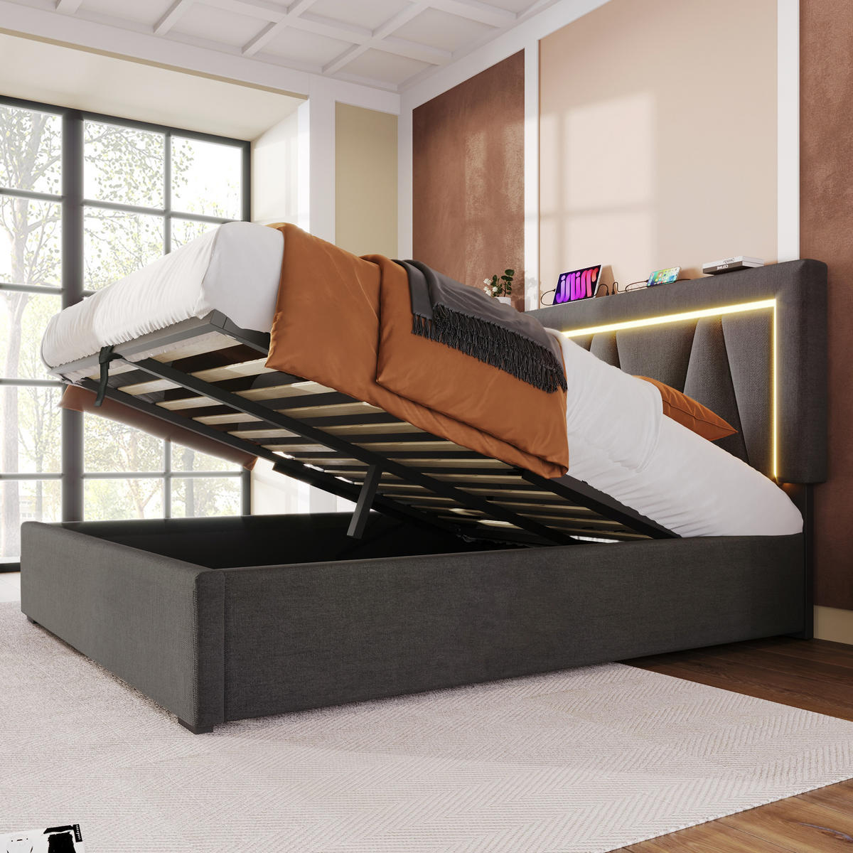 POLSTERBETT aus Leinen 160x200 cm in Grau mit LED & USB-C Ladestation - Grau, Textil (160/200cm) - Modfu