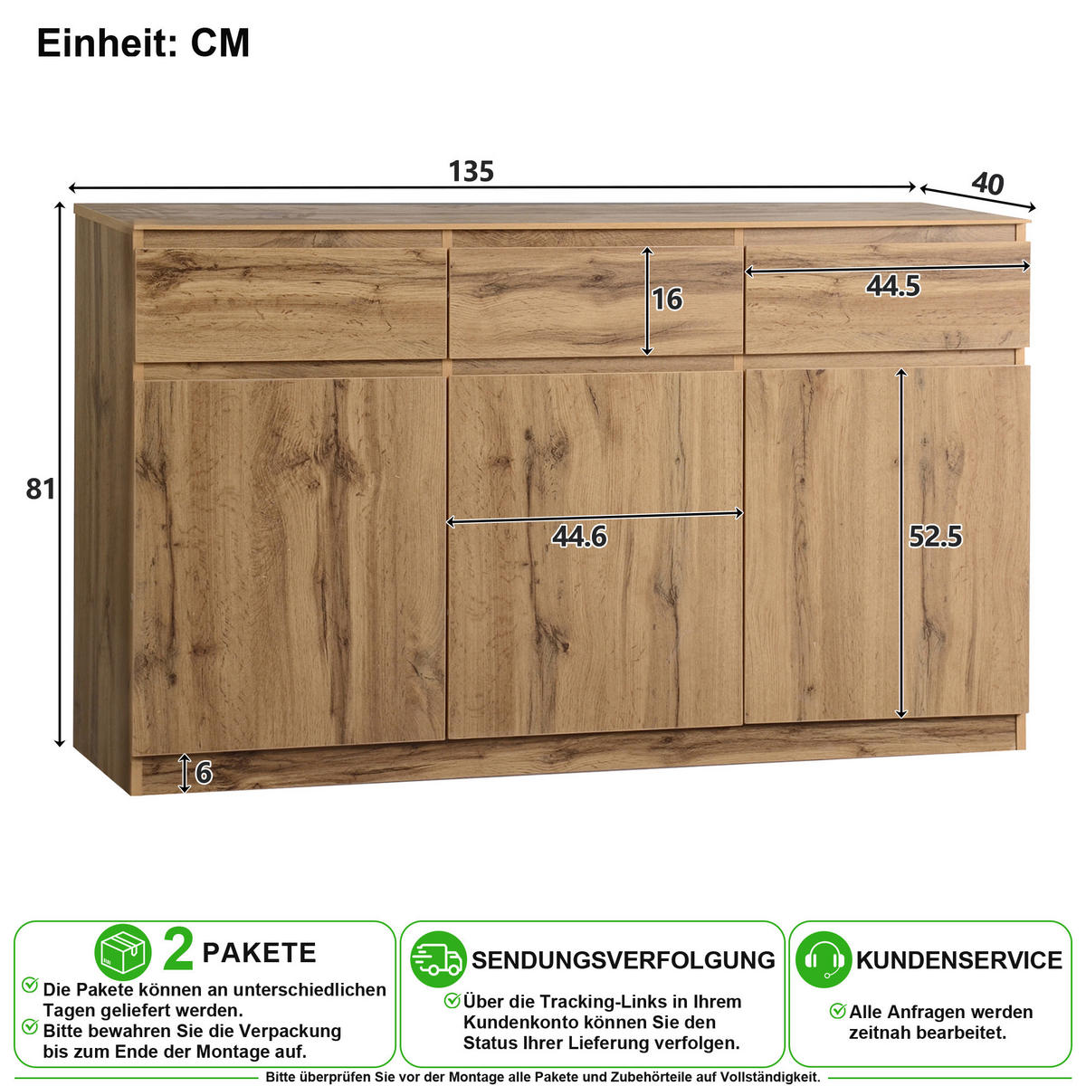 SIDEBOARD in Holzoptik 135/40/81 cm aus Spanplatte mit 3 Türen, 3 Schubladen und verstellbaren Einlegeböden - Naturfarben, Holzwerkstoff (135/81/40cm) - CHICFURN