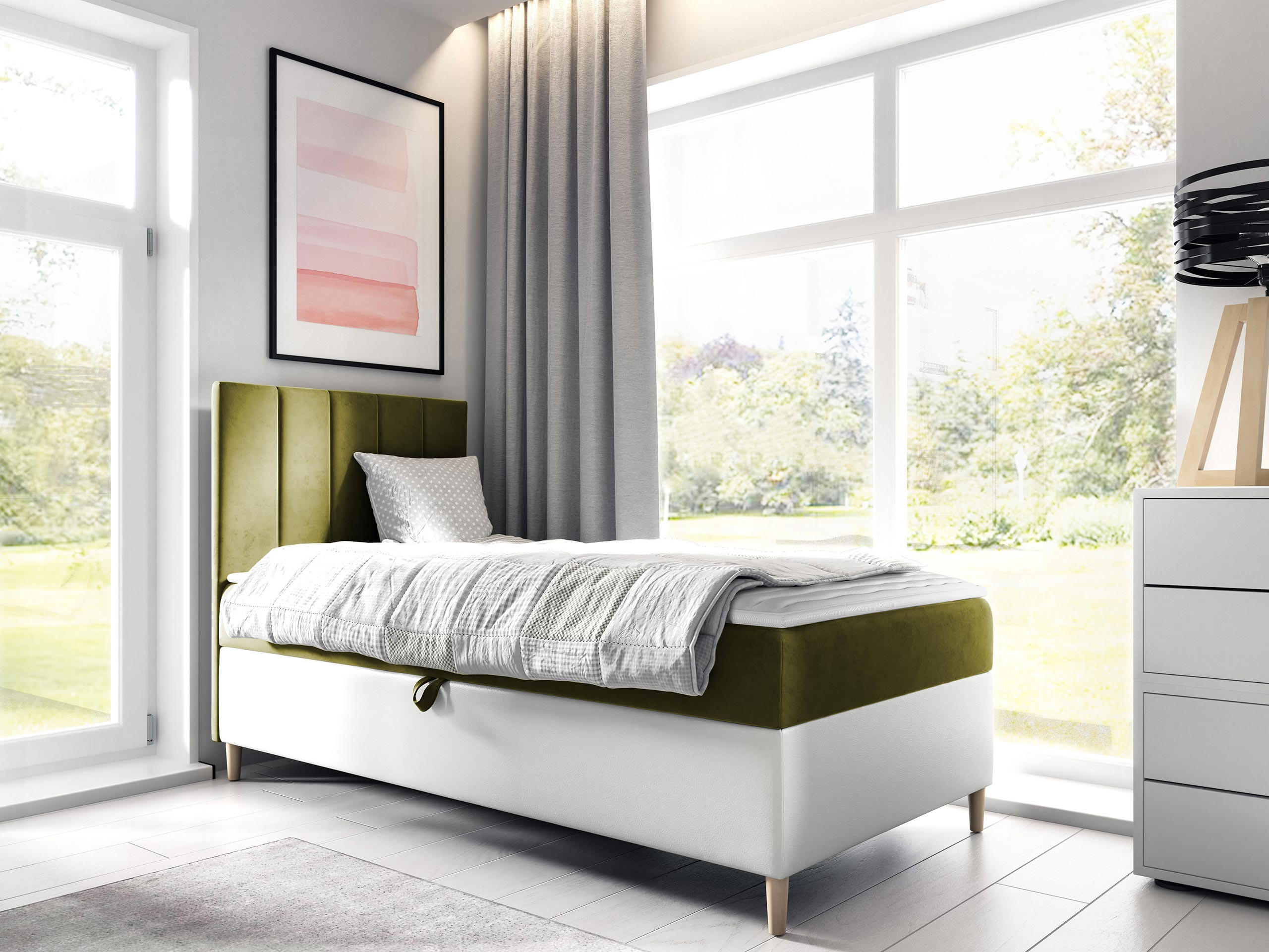 BOXBETT Maja Junior 1, Seite zum Öffnen des Bettkastens: Links - Weiß/Grün, Holz (90/200cm) - MIRJAN24