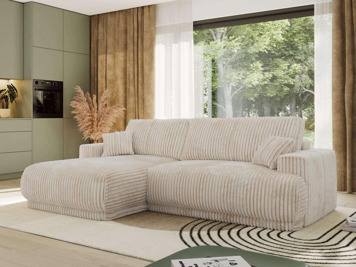 ECKSCHLAFSOFA RINA L Beige Cord - links - Beige/Schwarz, Kunststoff/Textil (266/172cm) - MKS