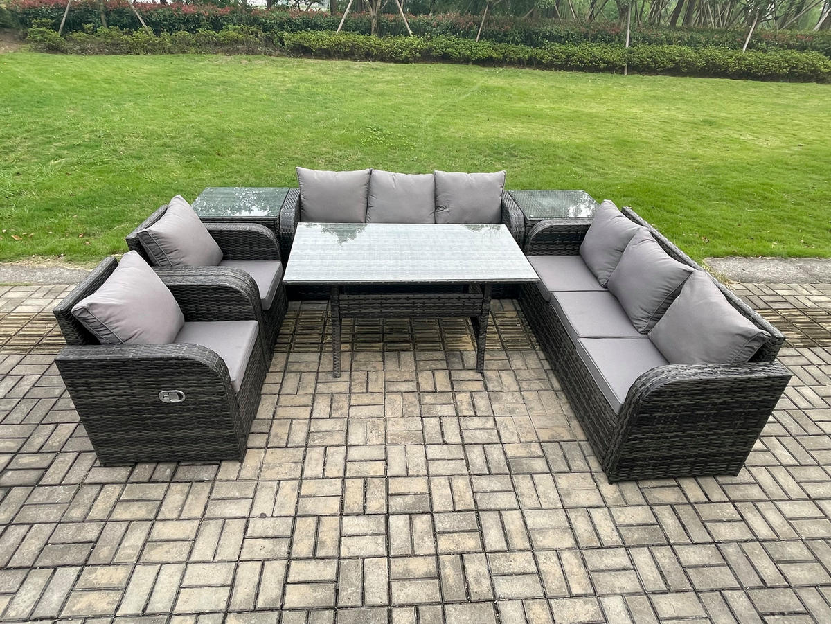 GARTENTISCHGRUPPE mit 2 Beistelltischen Polyrattan Dunkelgrau 8-Sitzer - Dunkelgrau/Grau, Glas/Kunststoff - Fimous