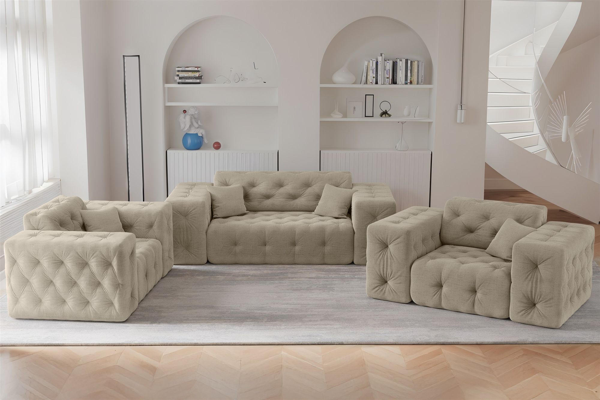 SOFASET Chantal In Moly - Beige, Holzwerkstoff/Textil (186/78/96cm) - Fun Möbel