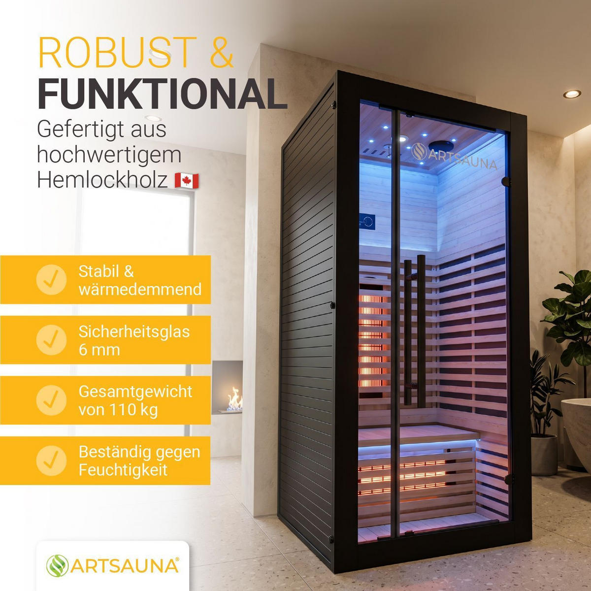 INFRAROTKABINE Trondheim90 natur mit Dual-Technologie & Hemlockholz - Schwarz, Holz (90/190/90cm) - Artsauna