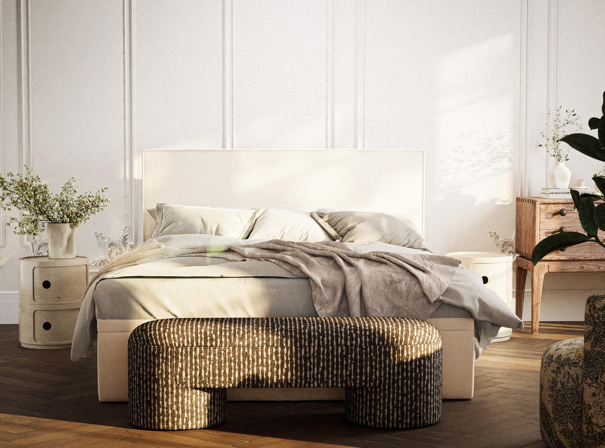 BOXBETT 160/200 cm Tegal, in Hellbeige, Matratze, gepolstertes Kopfteil, Bettkasten, H3 = fest - Beige/Schwarz, Holz/Holzwerkstoff (160/200cm) - Maison de Reve