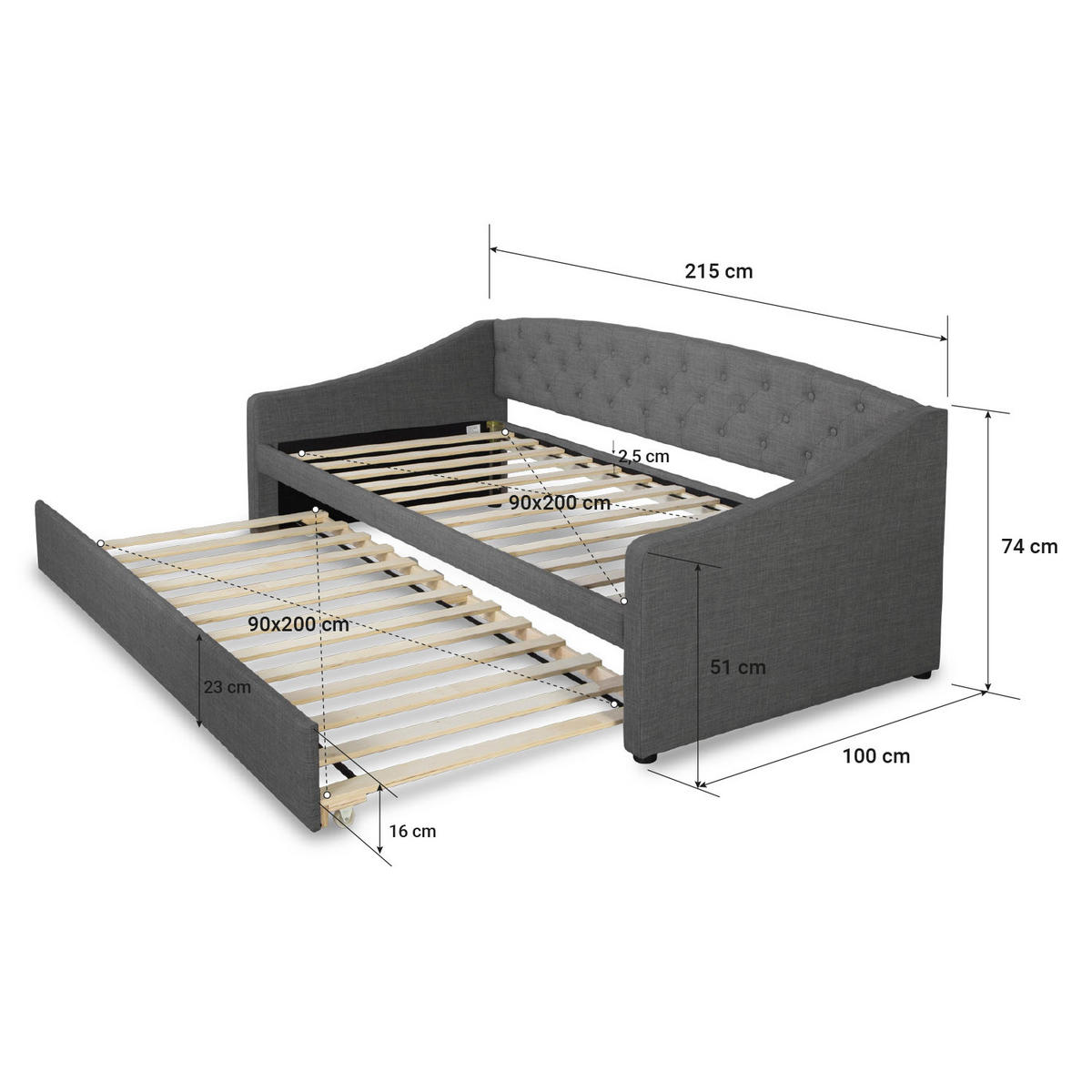 POLSTERBETT ausziehbar 140/200 cm in Grau - Grau, Textil (90/200cm) - Homestyle4u