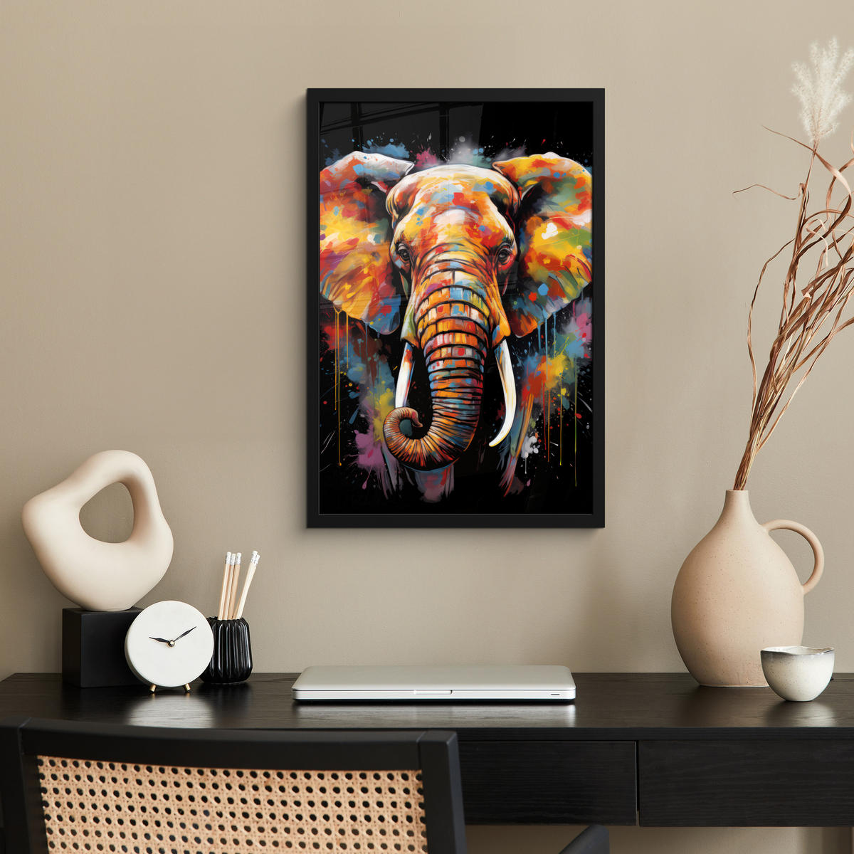 GERAHMTES BILD Elefant - Graffiti - Schwarz - Tiere - Farben 40x60 cm - Schwarz, Papier (40/60cm) - MuchoWow