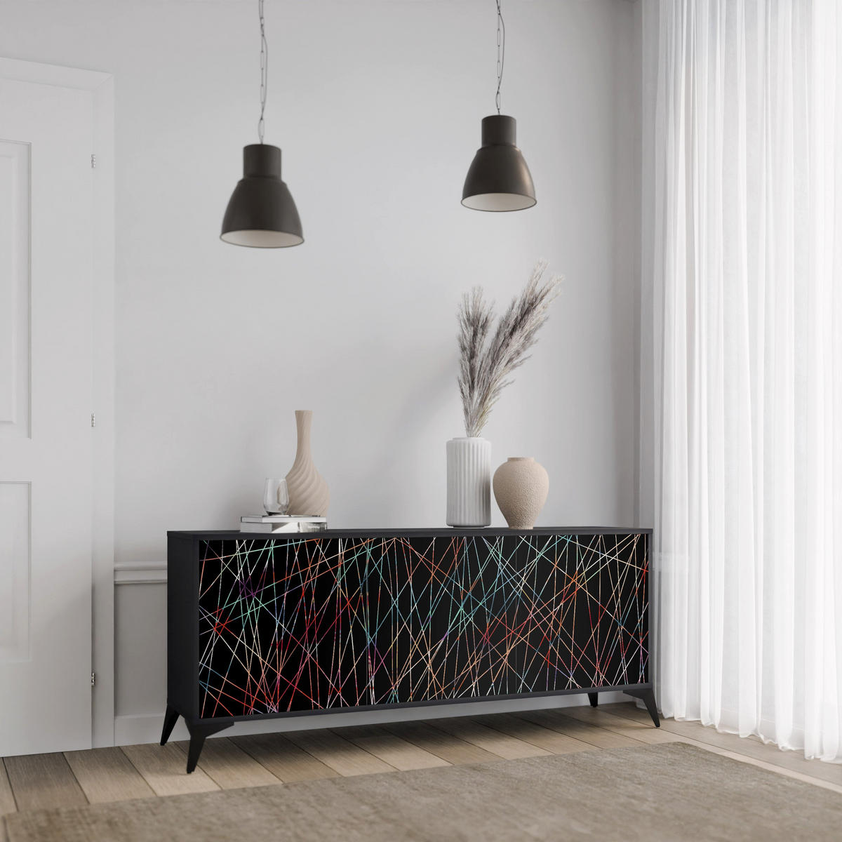 SIDEBOARD LUMINOUS SNARE, Eicheneffekt, 164,5x42x77,5 cm, 3 Türen - Eichefarben/Buchefarben, Holzwerkstoff/Buchenholz (164.5/77.5/42cm) - SpaceRebels