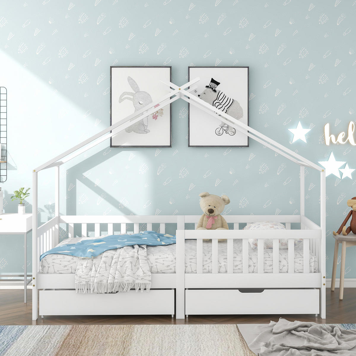 KINDERHAUSBETT 90x200 cm in Weiß mit Rausfallschutz, Lattenrost und 2 Schubladen - Weiß, Holzwerkstoff (90/200cm) - IVMEU