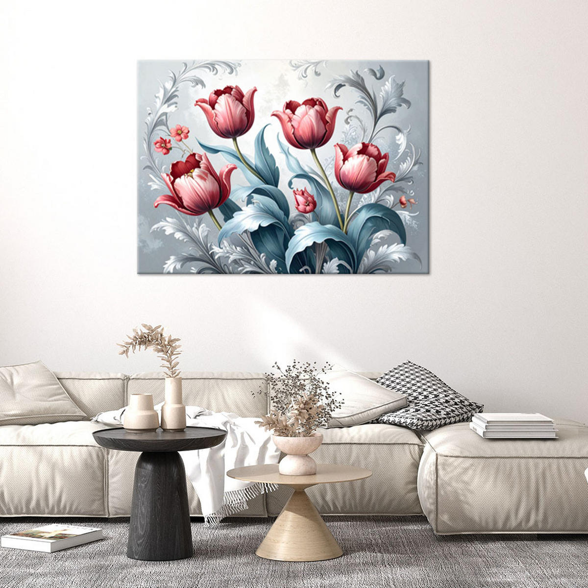 BILD auf Leinwand, Rote Tulpenblüten auf grauem Hintergrund - Rot, Textil (120/80cm) - Feeby