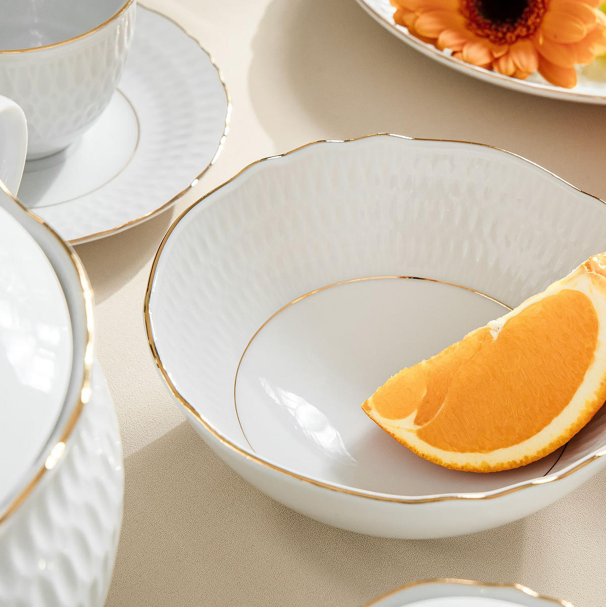 SALATSCHÜSSEL-SET CMIELOW SOFIA GOLD 6-tlg aus Porzellan - Weiß, Keramik - KONSIMO®