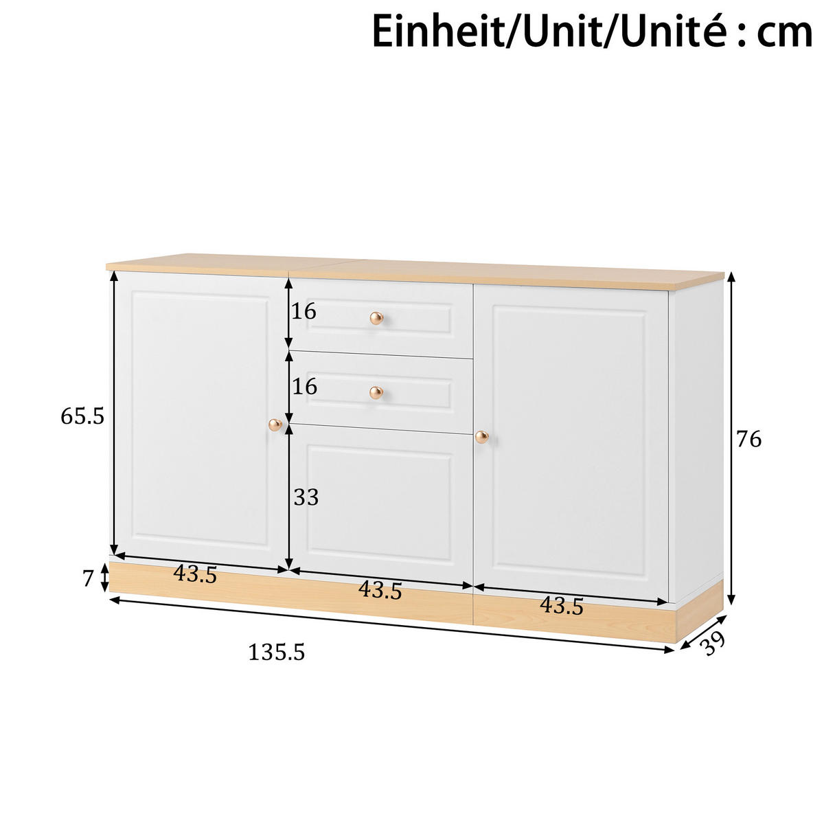 SIDEBOARD 135.5/39/76 cm Weiß und Holzfarbe aus Holzwerkstoff mit 3 Türen und 2 Schubladen - Weiß, Holzwerkstoff (39/76/135.5cm) - OKMYHOME