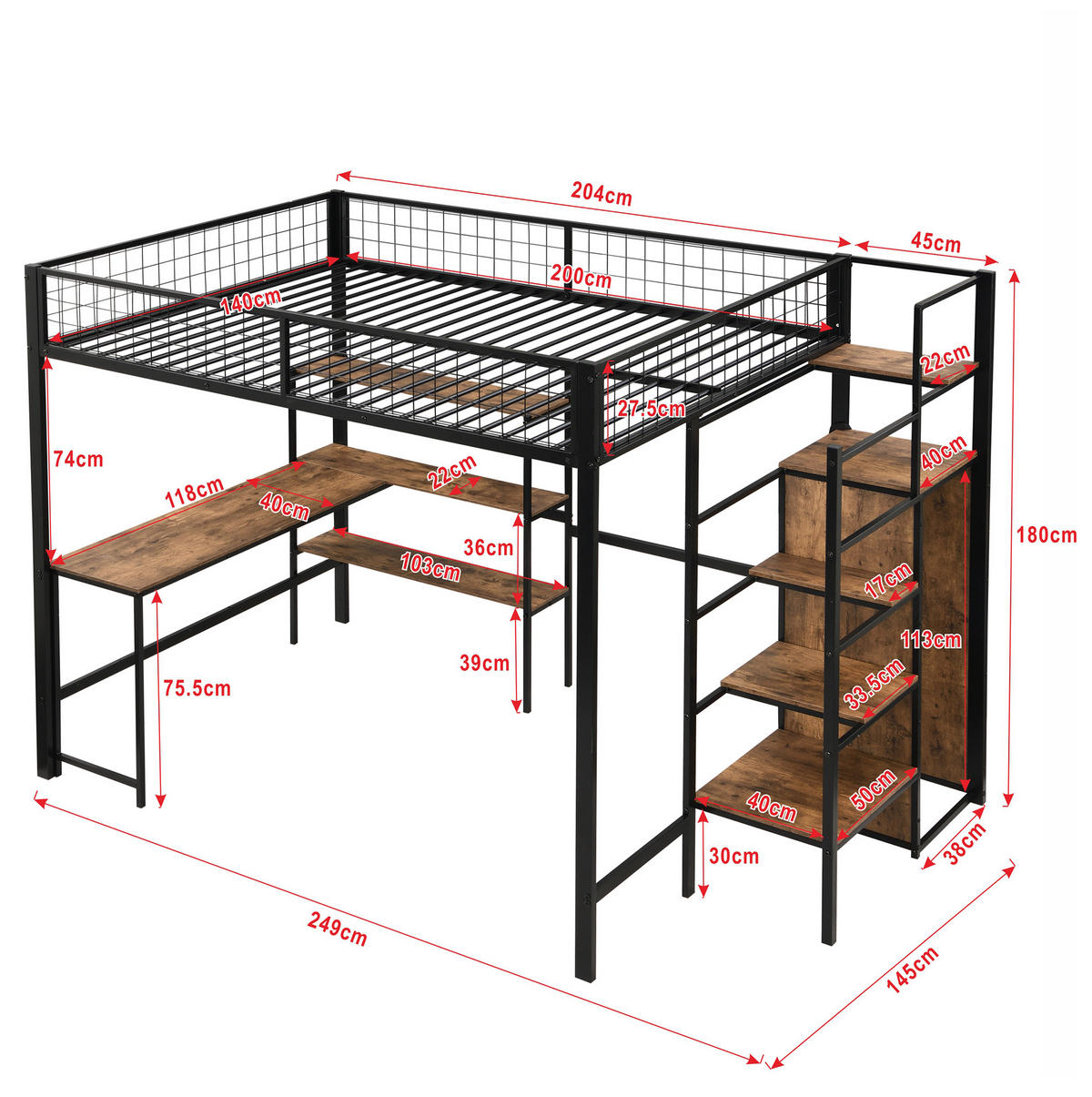 HOCHBETT aus Metall und MDF 140x200 cm Schwarz/Braun mit Schreibtisch, Regalen und Kleiderschrank - Schwarz, Metall (140/200cm) - IVMEU