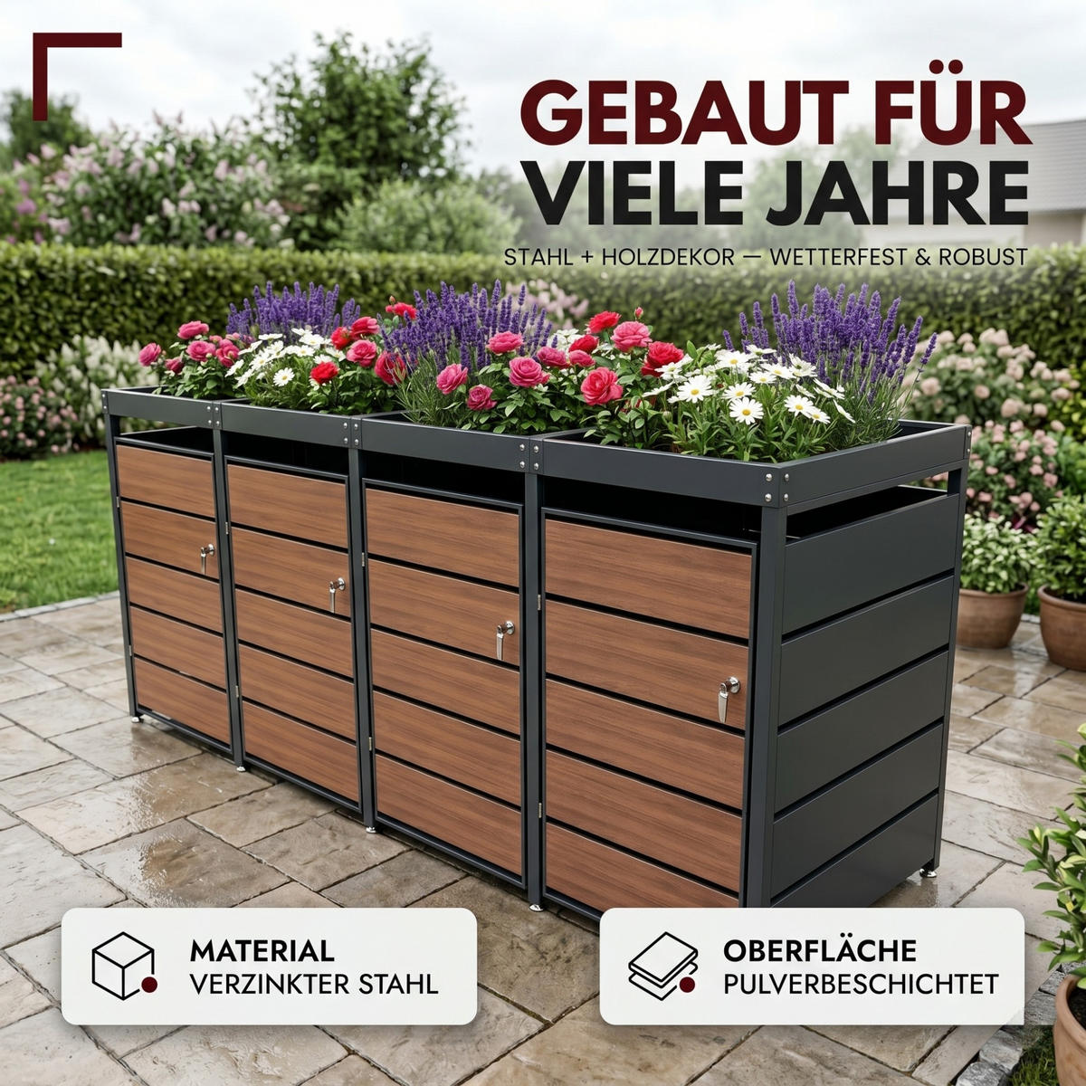 MÜLLTONNENBOX mit Pflanzkasten 4er, MTP4 - Anthrazit, Metall (260/116/80cm) - Albatros