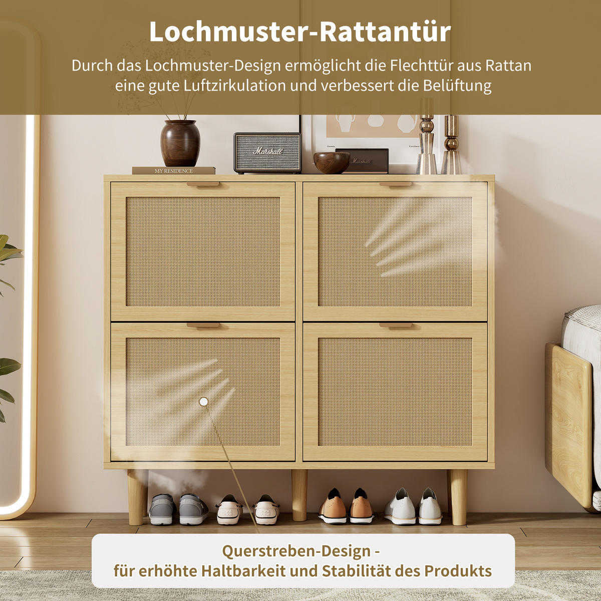 SCHUHSCHRANK Rattan 4 Klappen Landhausstil 100x25x90cm - Eichefarben, Holzwerkstoff (25/90/100cm) - FLIEKS