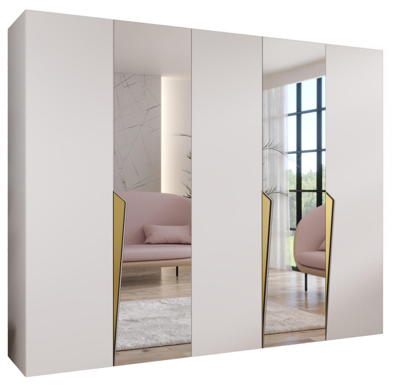 DREHTÜRENSCHRANK 202/250/52 5-türig - Goldfarben/Weiß, Holz/Metall (250/202/52cm) - Abiks Möbel