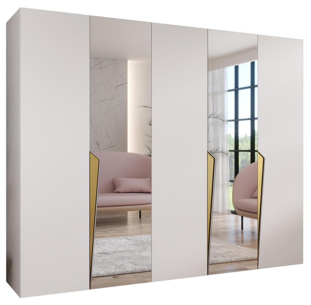 DREHTÜRENSCHRANK 202/250/52 5-türig - Goldfarben/Weiß, Holz/Metall (250/202/52cm) - Abiks Möbel