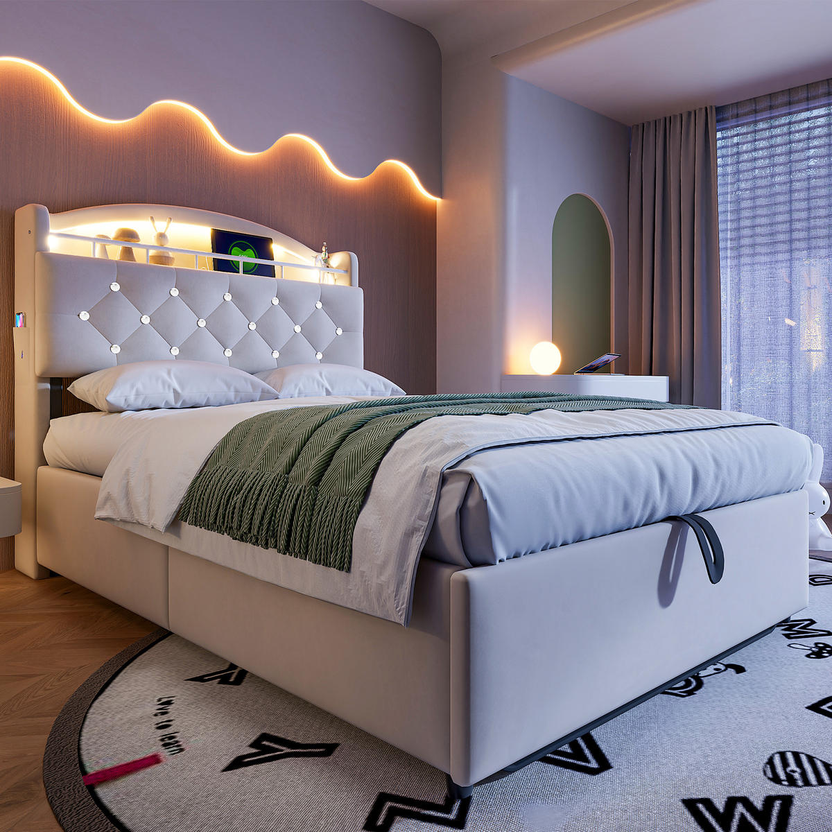 POLSTERBETT Kinder 90/200 cm Beige mit Stauraum, LED und USB-Anschlüssen - Beige, Textil (90/200cm) - OKWISH