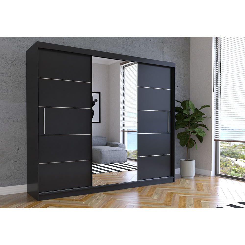 SCHWEBETÜRENSCHRANK Alba Schwarz/Schwarz + Spiegel, ohne LED Beleuchtung 250 cm - Schwarz/Alufarben, Glas/Holzwerkstoff (250/218/61cm) - imoebel24