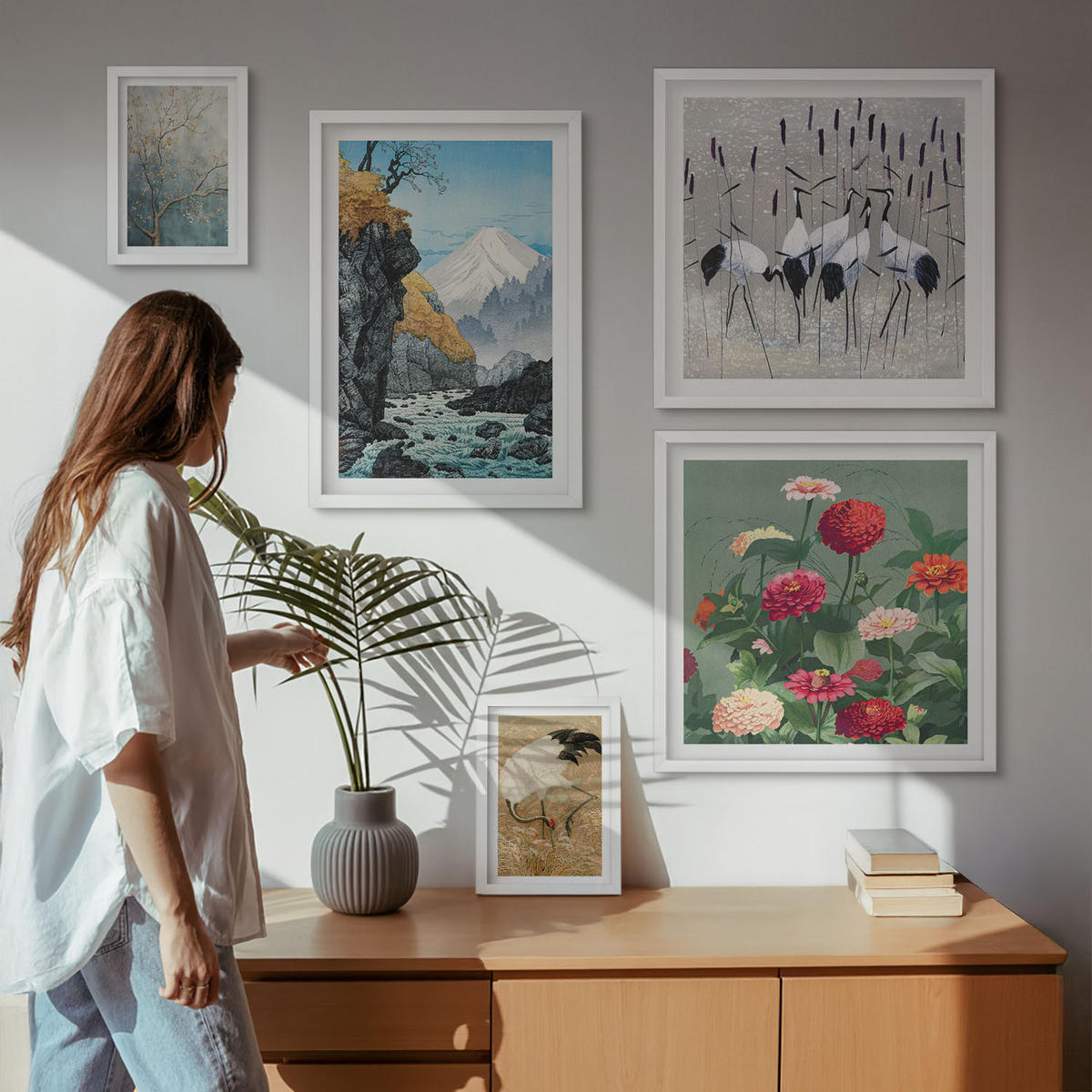 BILDER SET 5er Set - 50x50 cm & 20x30 cm & 40x60 cm Weißer Rahmen - Berge, Fluss, Blumen, Kraniche - Weiß, Kunststoff (40/60cm) - TULUP