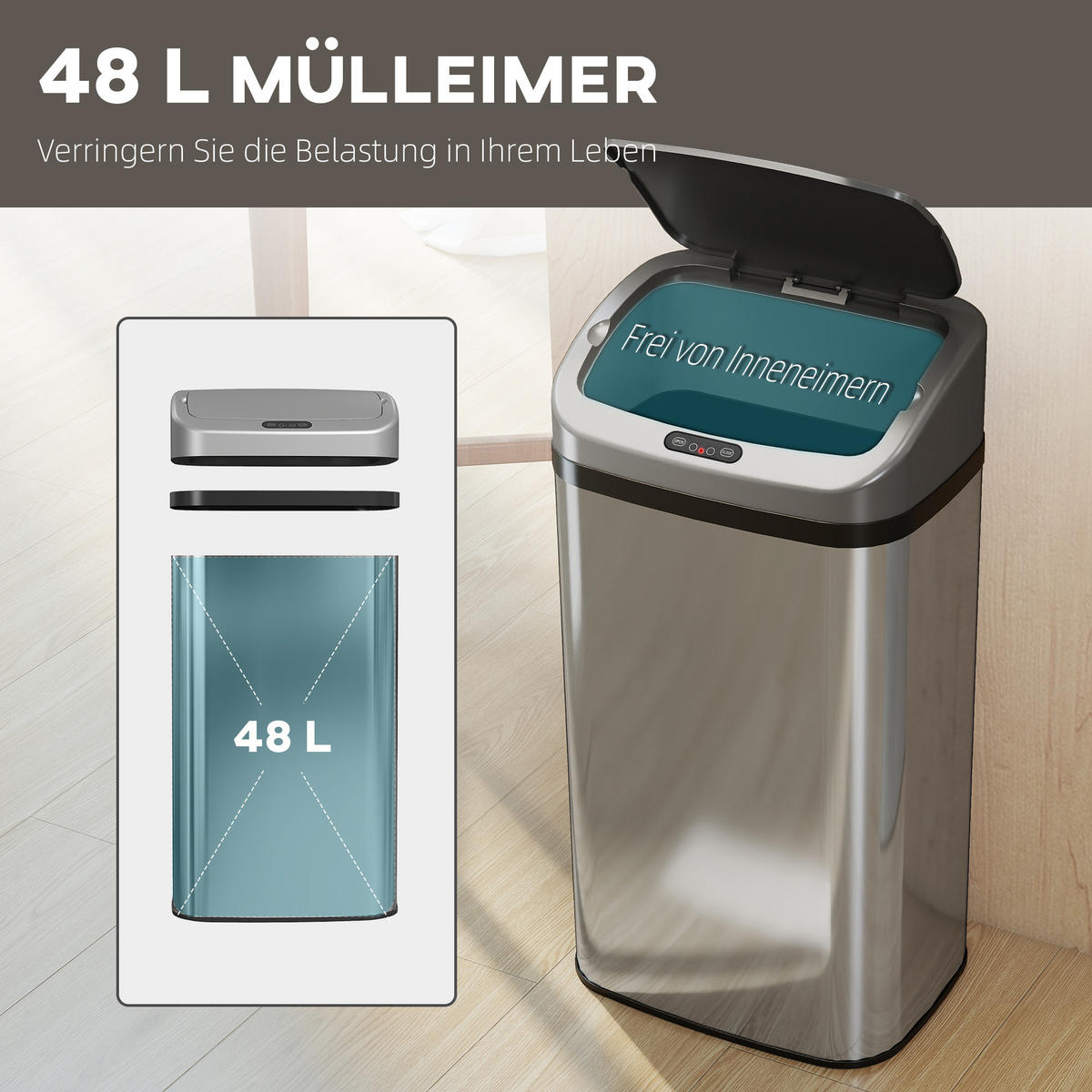 MÜLLEIMER mit Sensor 48L Edelstahl Abfalleimer mit Automatischer Schließfunktion - Silberfarben, Metall (25/69/33cm) - HOMCOM