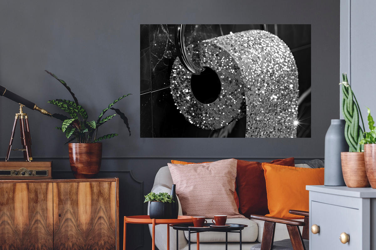 WANDTATTOO WC - Toilettenpapier - Schwarz und weiß - Glitter 120x80 cm - Silberfarben, Kunststoff (120/80/0.1cm) - MuchoWow