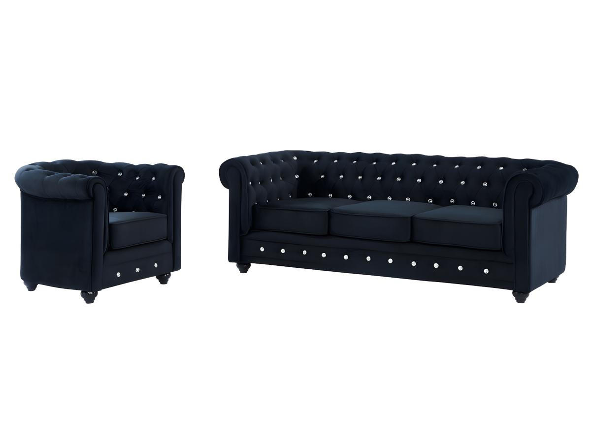 COUCHGARNITUR 3+1 - Samt - Schwarz mit Knöpfen in Kristalloptik - CHESTERFIELD - Schwarz, Textil (88/72/205cm) - Vente-Unique