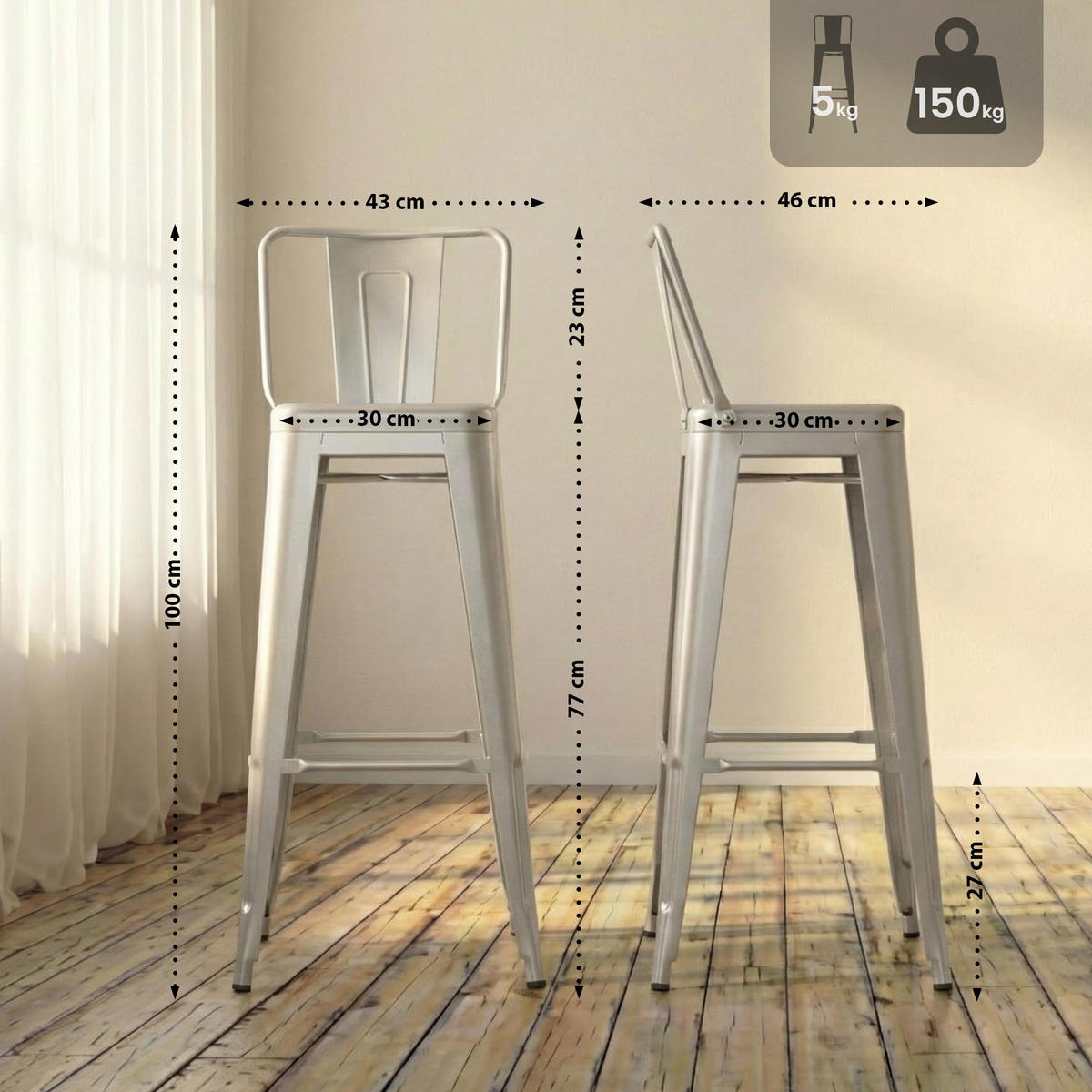 BARHOCKER 2er Set Metall Silber - Silberfarben, Metall (44/96/43cm) - CLP