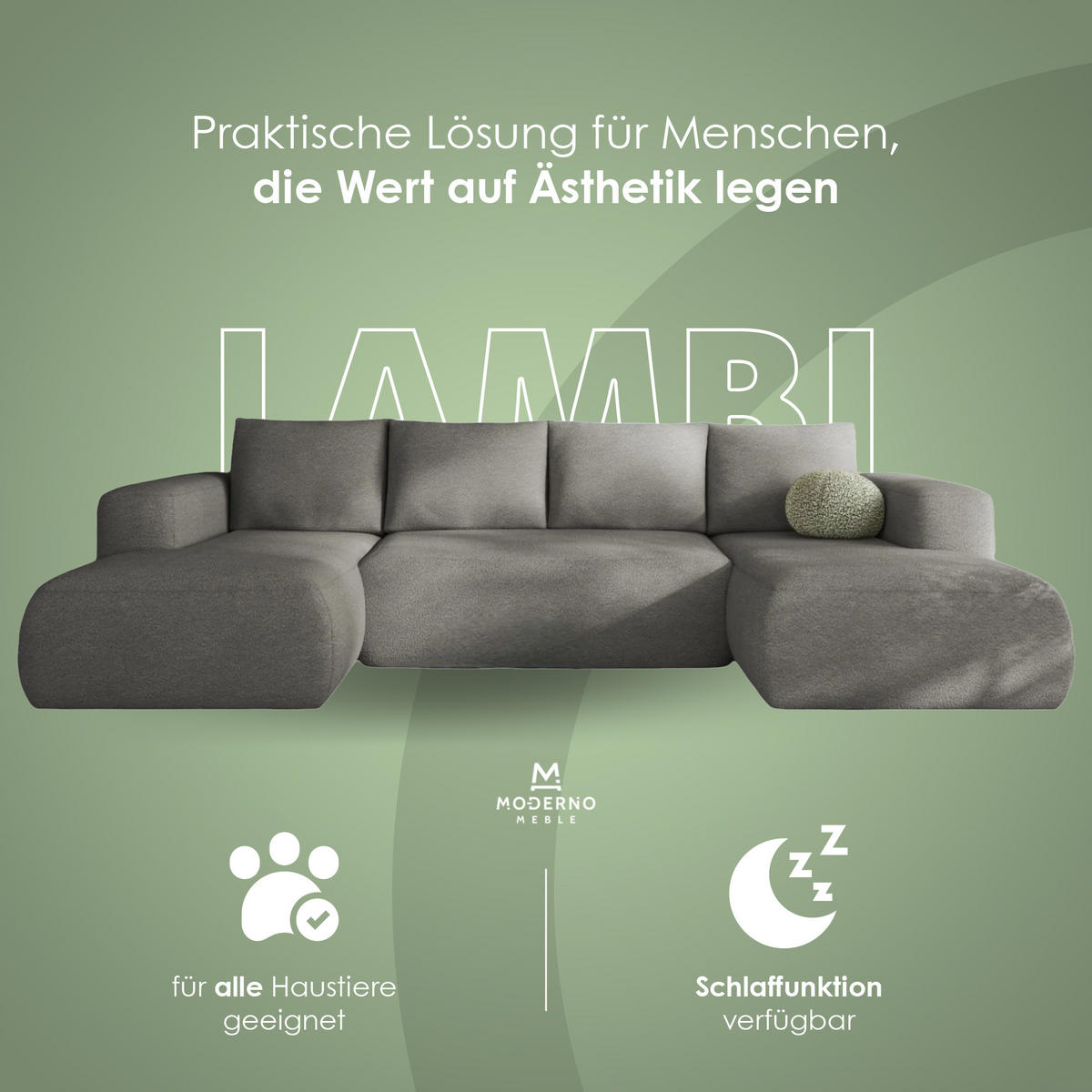ECKSOFA LAMBI U, Wohnlandschaft U Form mit +3 Sitzen, Grau - Lambi 12 - Grau, Textil (340/89/114cm) - Moderno Meble