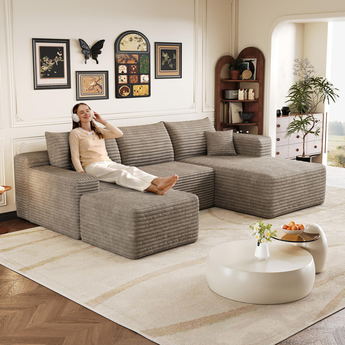 WOHNLANDSCHAFT Cord Camel ohne Montage - Hellbraun, Textil (241/58/151cm) - WISHDOR