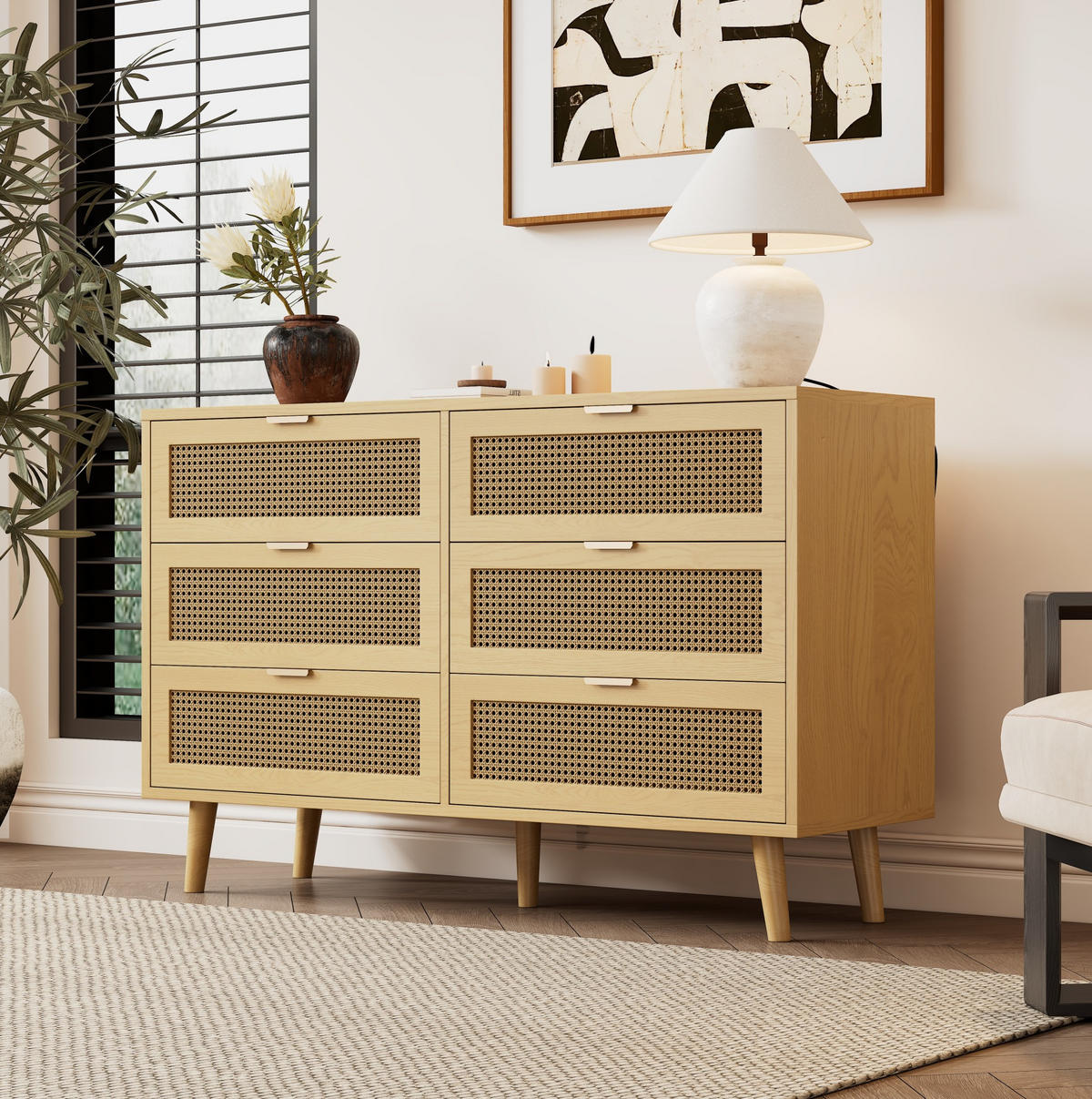 SIDEBOARD 120/40/76,5 cm aus Spanplatte mit 6 Schubladen und Rattan-Front Walnuss - Eichefarben, Holzwerkstoff (120/76.5/40cm) - Modenvie