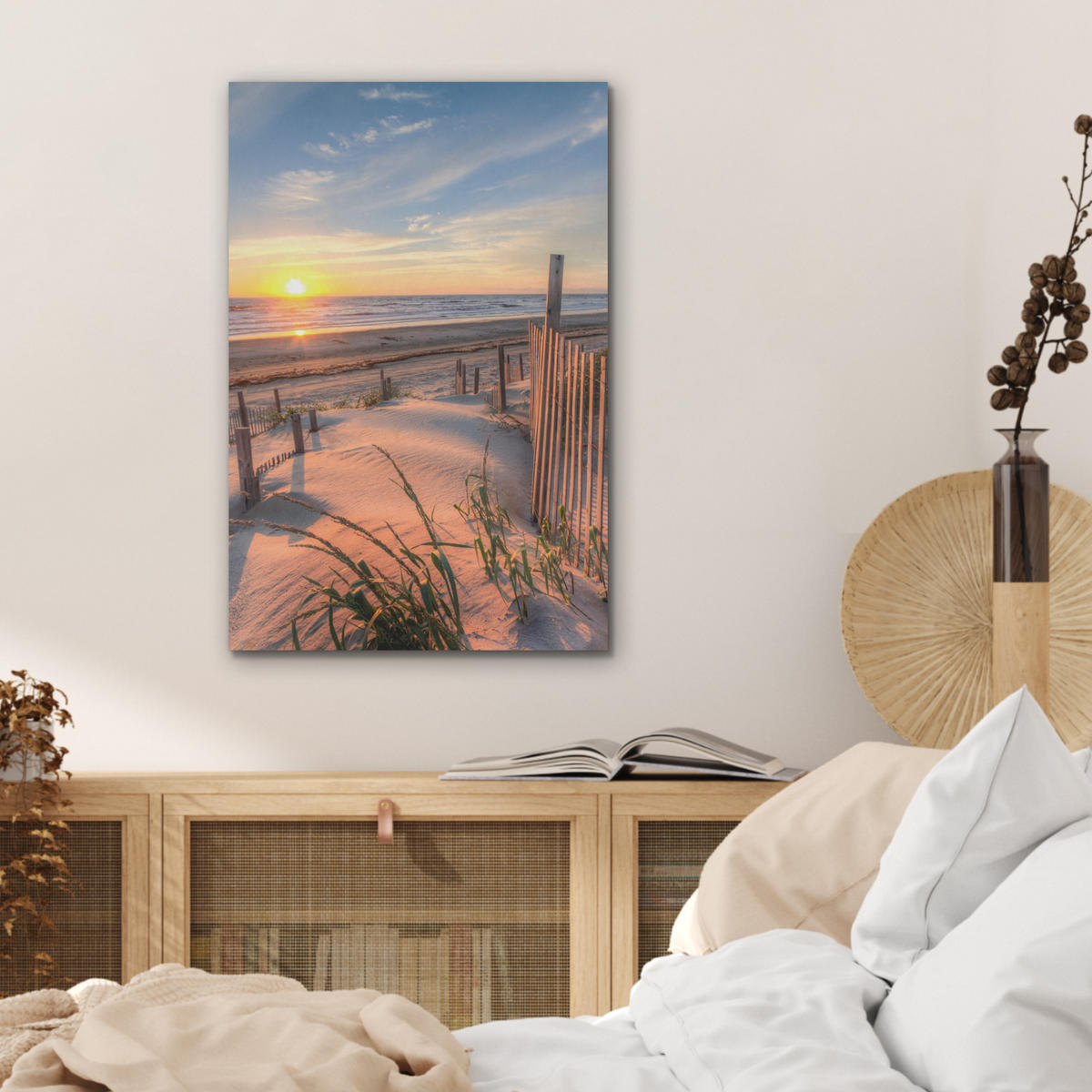 AKUSTIKBILD Strand - Meer - Düne - Sonnenuntergang - Landschaft Kunstdruck Schlafzimmer 50x70 cm - Beige, Kunststoff (50/70/0.9cm) - MuchoWow