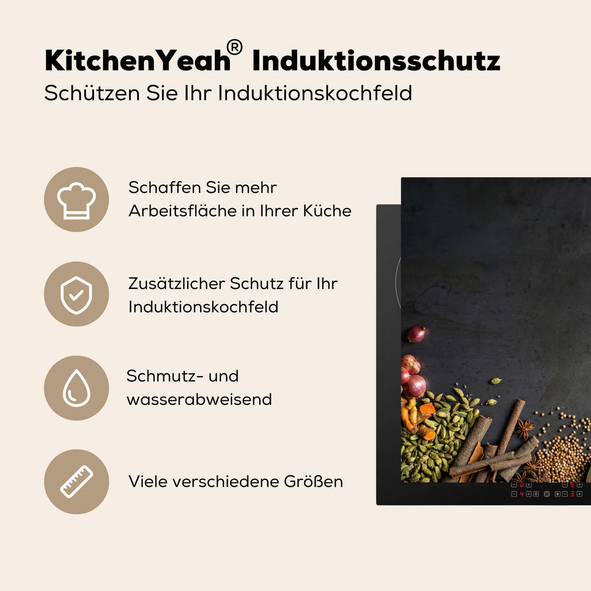 HERDABDECKPLATTE Kräuter - Lebensmittel - Gewürze - Schwarz - Paprika - Zimt Herdabdeckung Induktionsfeld 65x52 cm - Currygelb, Kunststoff (65/52/0.2cm) - MuchoWow