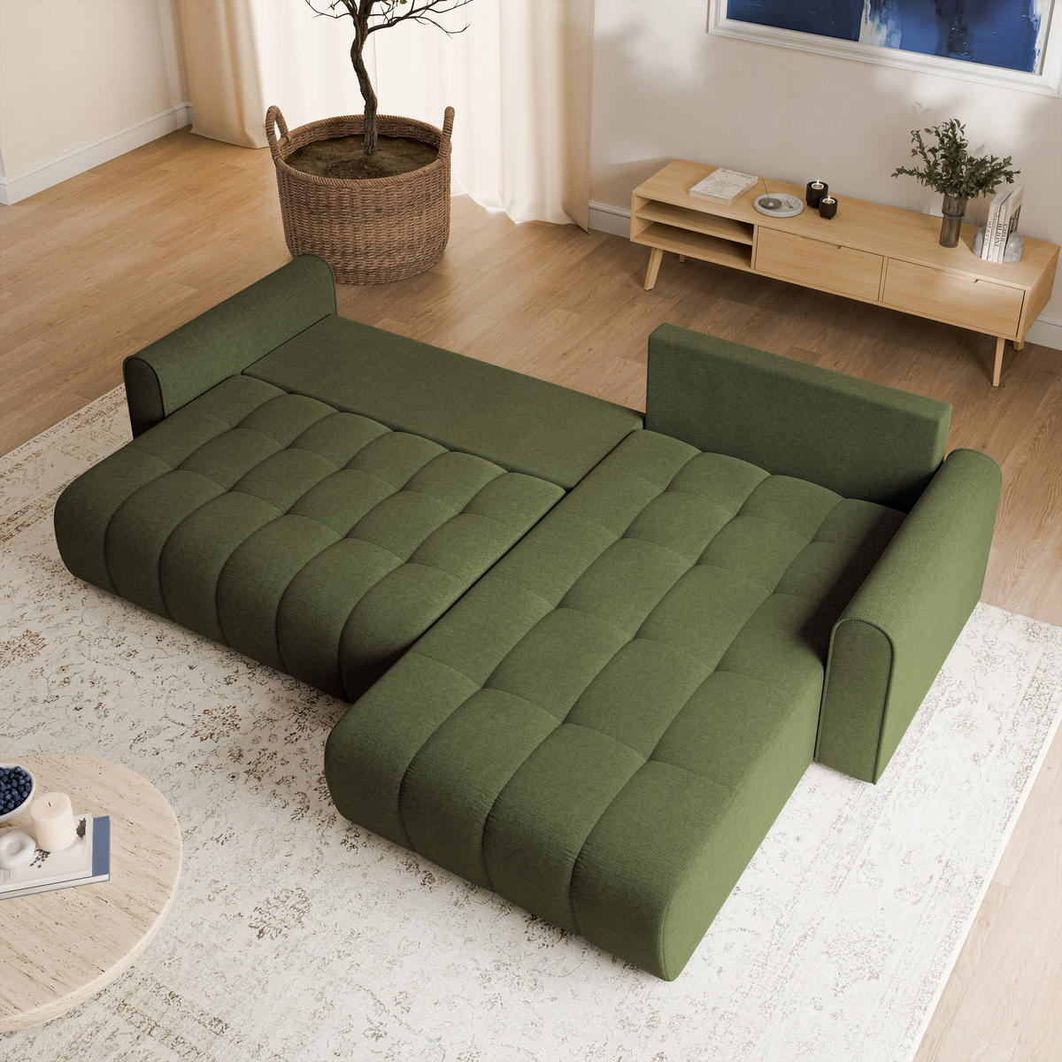 ECKSOFA FRIGA Olivgrün Strukturstoff mit Schlaffunktion - Olivgrün, Holz (283/185cm) - MASSENO