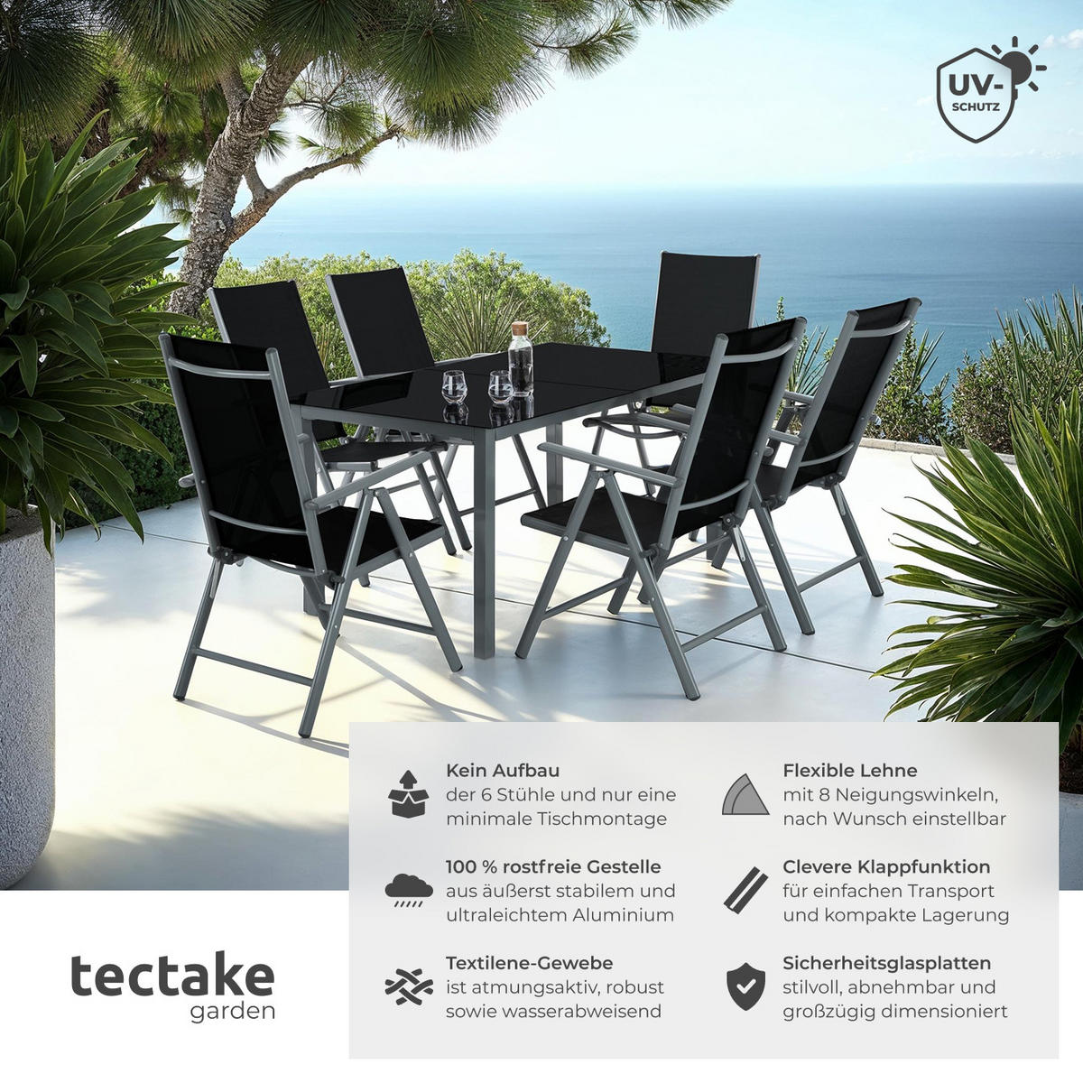 SITZGRUPPE Ercolano,Tisch mit Sicherheitsglasplatten und Ausgleichsschrauben,anthrazit - Anthrazit, Naturmaterialien/Kunststoff - tectake