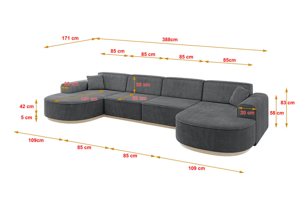 WOHNLANDSCHAFT MARI-U2-v1 - 388x171x83 cm Dunkelgrau Cord - Dunkelgrau, Holzwerkstoff/Textil (388/83/171cm) - ALTDECOR