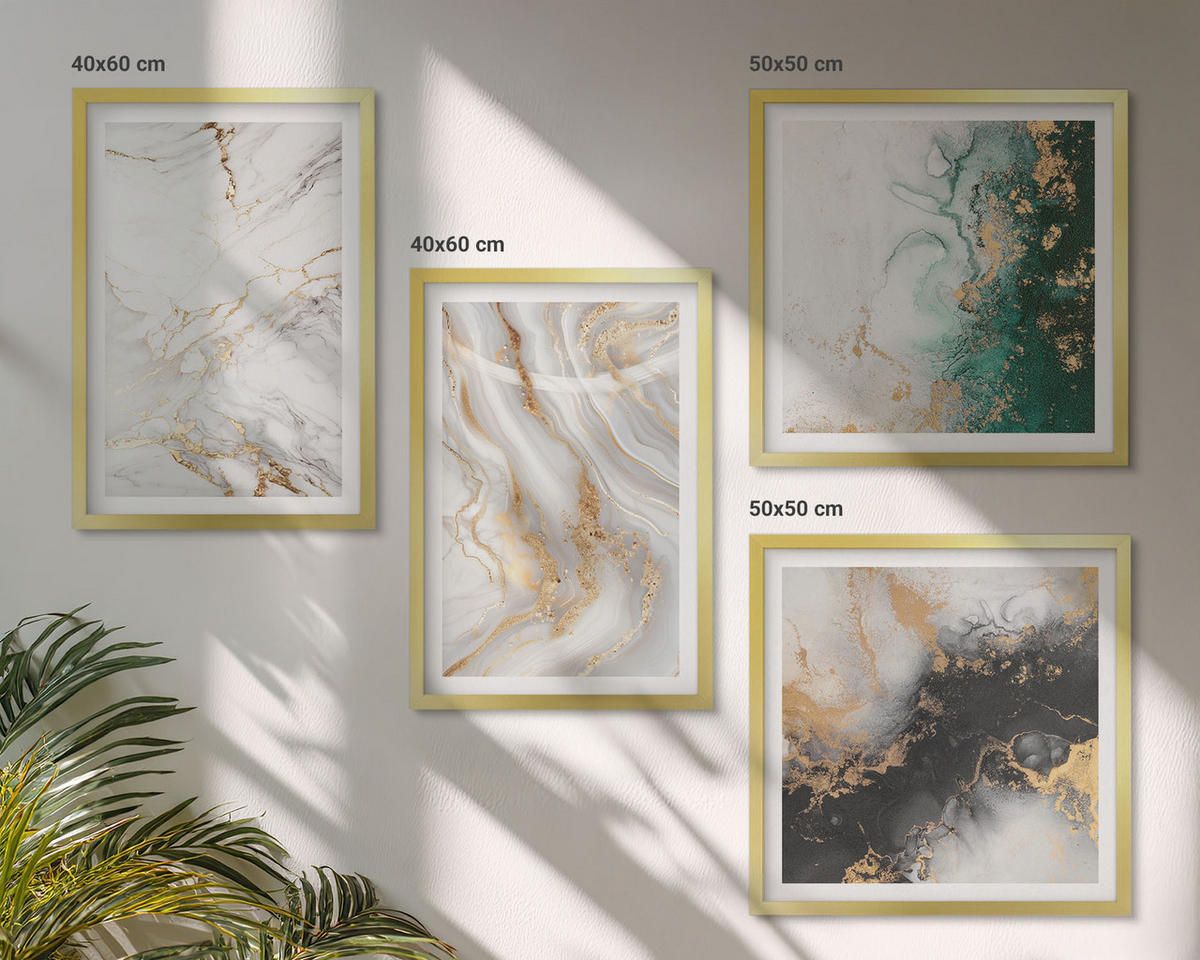 WANDBILDER 4er Set - 50x50 cm & 40x60 cm Goldrahmen - Abstrakte Muster weiß schwarz grün - Goldfarben, Kunststoff (50/50cm) - ArtPrintCave