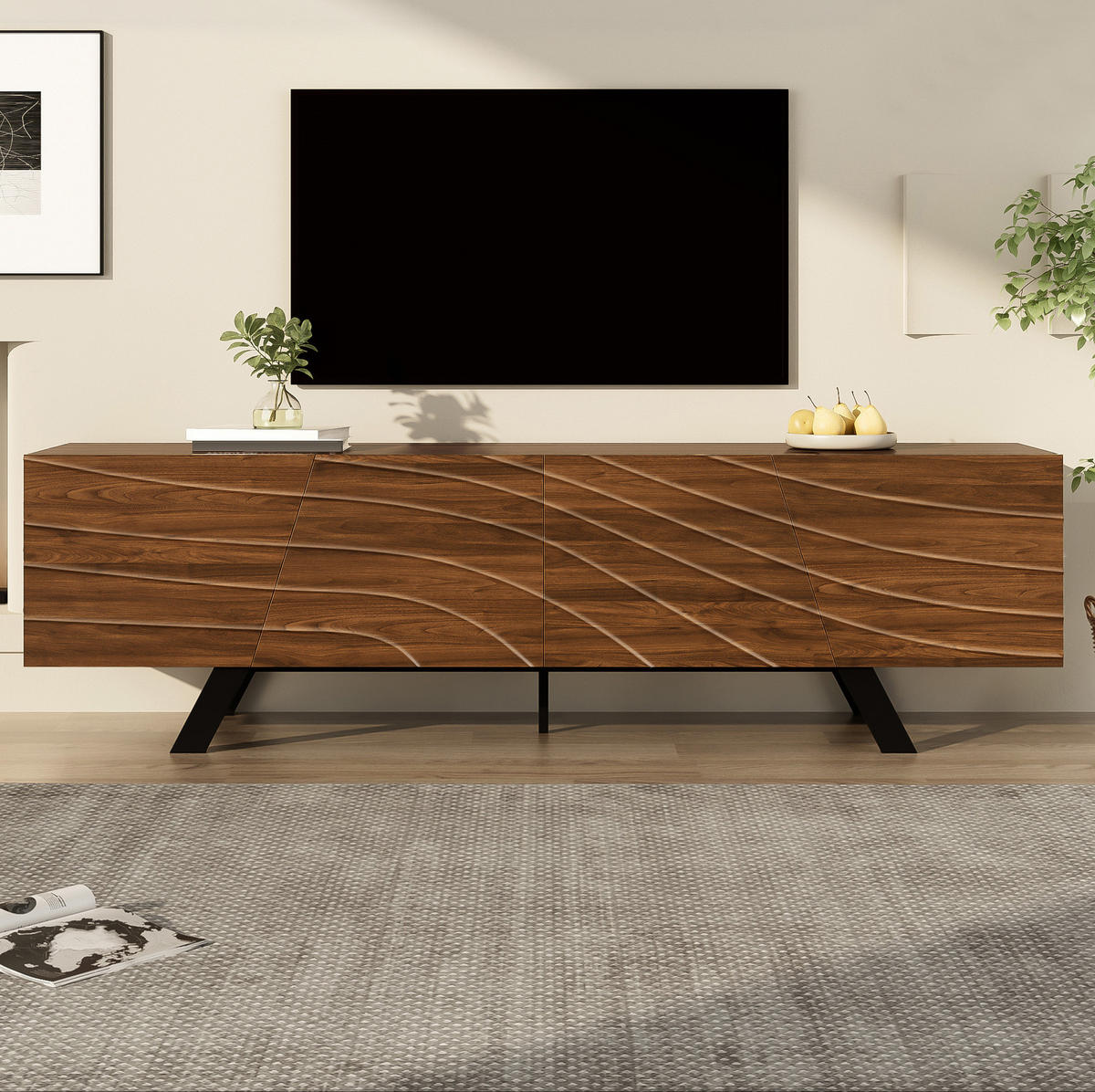 LOWBOARD aus MDF 160x39x50,5 cm Walnussfarben mit Kabelmanagement und Stauraum, Wellenfront - Walnussfarben, Holzwerkstoff (160/50.5/39cm) - Modfu