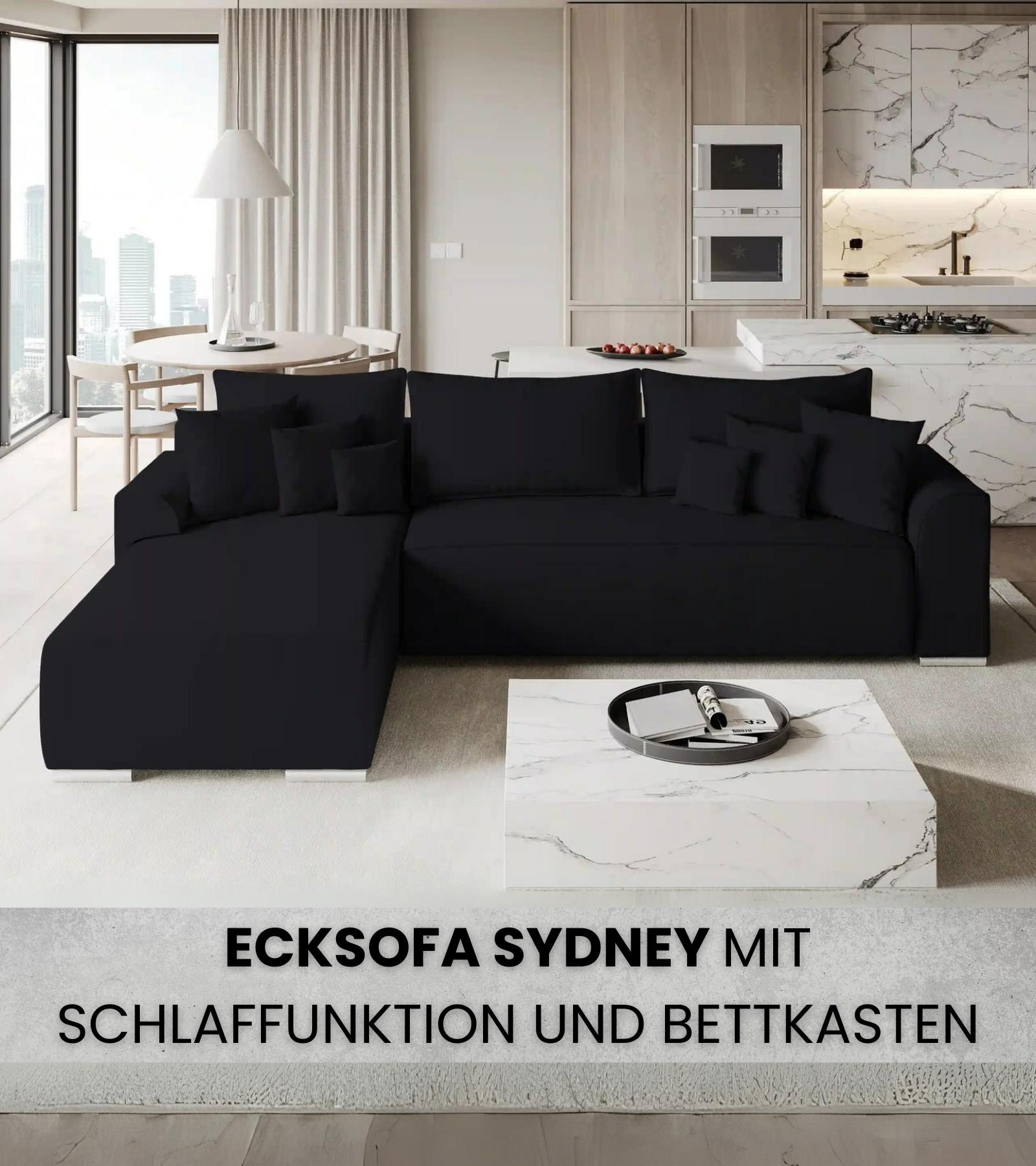 ECKSOFA Sydney mit Schlaffunktion Schwarz Leinenoptik - Schwarz, Textil (280/184cm) - Bromarkt