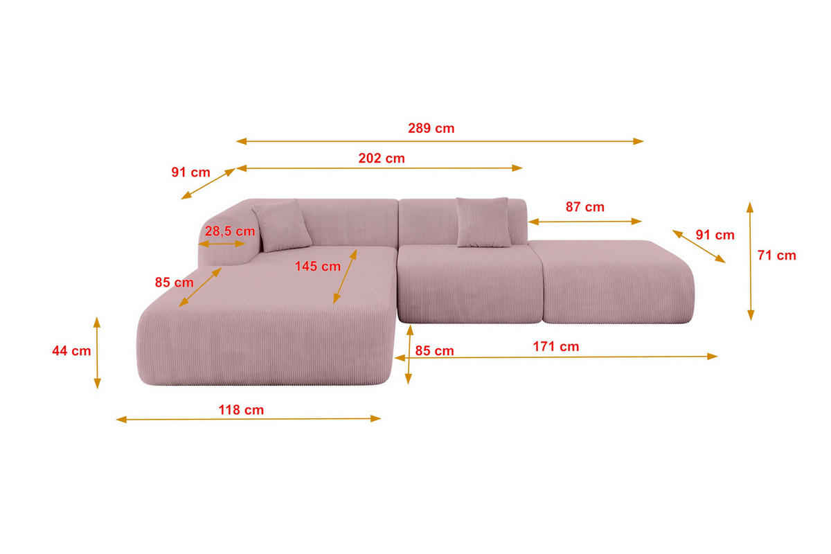 ECKSOFA Ottomane Links OVLY-L 289x176x71 Rosa Cord - Schwarz/Rosa, Holzwerkstoff/Kunststoff (176/289cm) - ALTDECOR