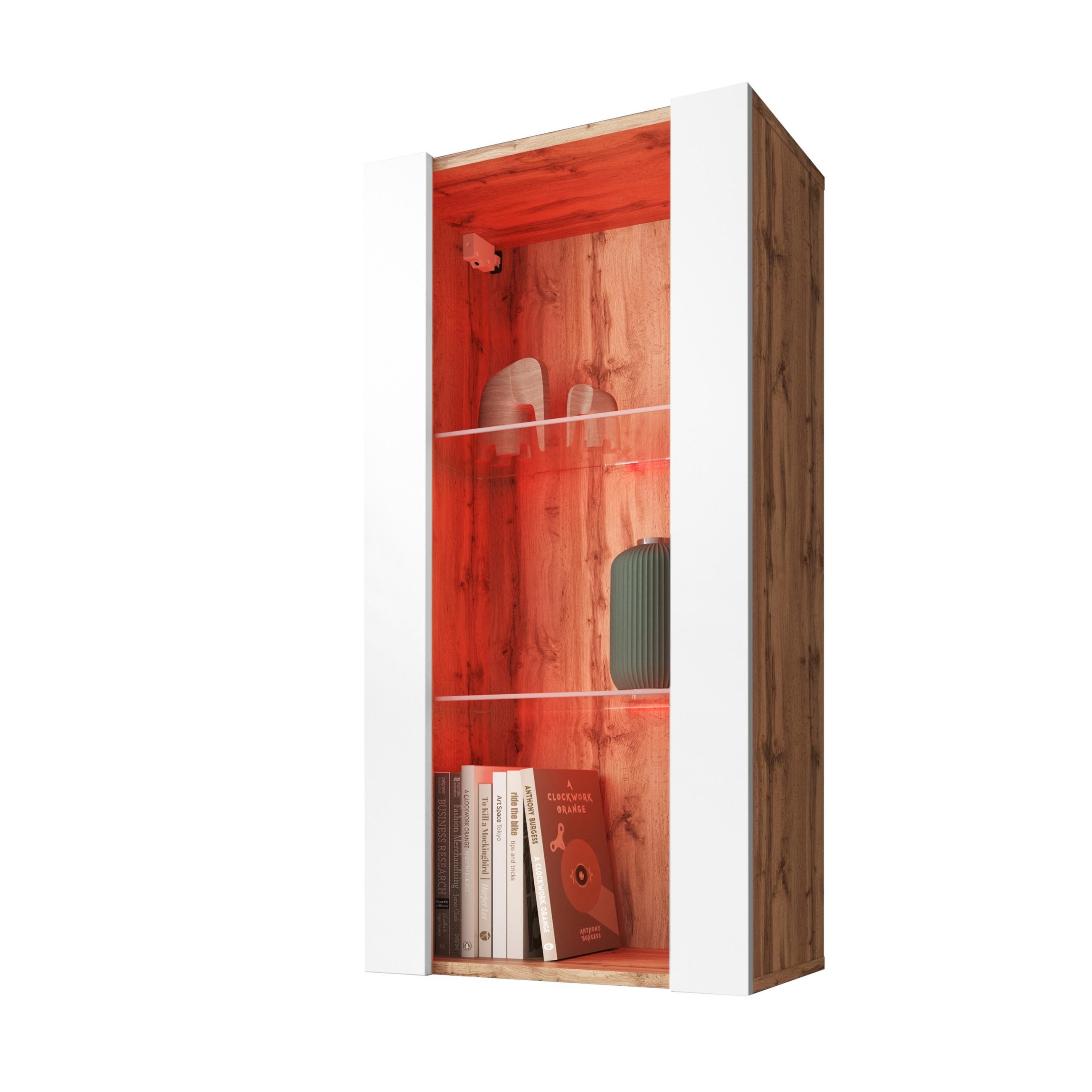HÄNGEVITRINE TIVOLI Vertical 100, Weiss, LED Mehrfarbige - Eiche Wotan/Weiß, Glas/Holzwerkstoff (50/100/29.5cm) - Komodee