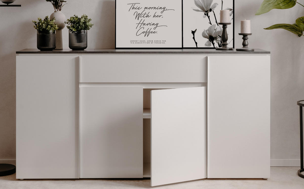 SIDEBOARD weiß Glanz, grau 178 cm, Kommode mit 6 Fächern - Chromfarben/Silberfarben, Holzwerkstoff/Kunststoff (177.5/92/40cm) - Furn.Design