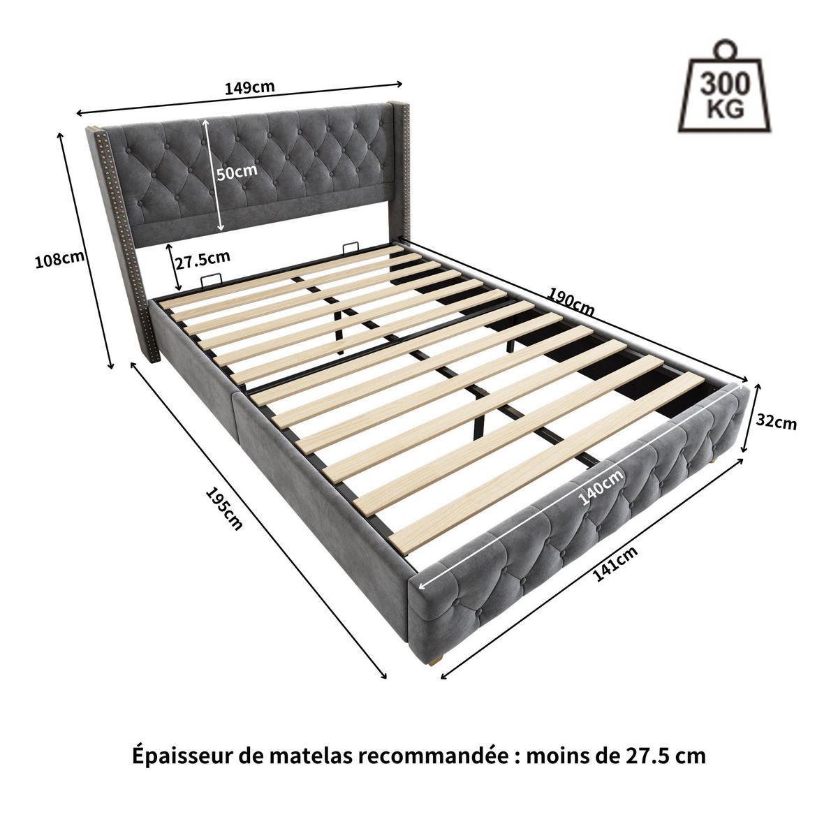POLSTERBETT 140/190 cm Grau mit Bettrahmen und Kopfteil - Grau, Textil (140/200cm) - OKWISH