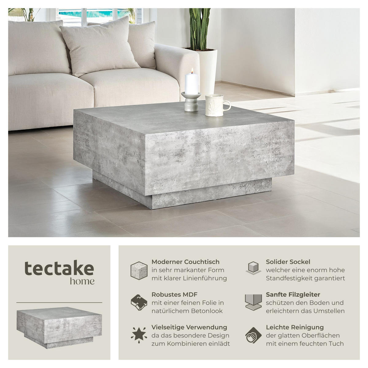 COUCHTISCH Lasley,80 x 80 x 35 cm,Beton Optik - Grau, Holz (80/80/35cm) - tectake