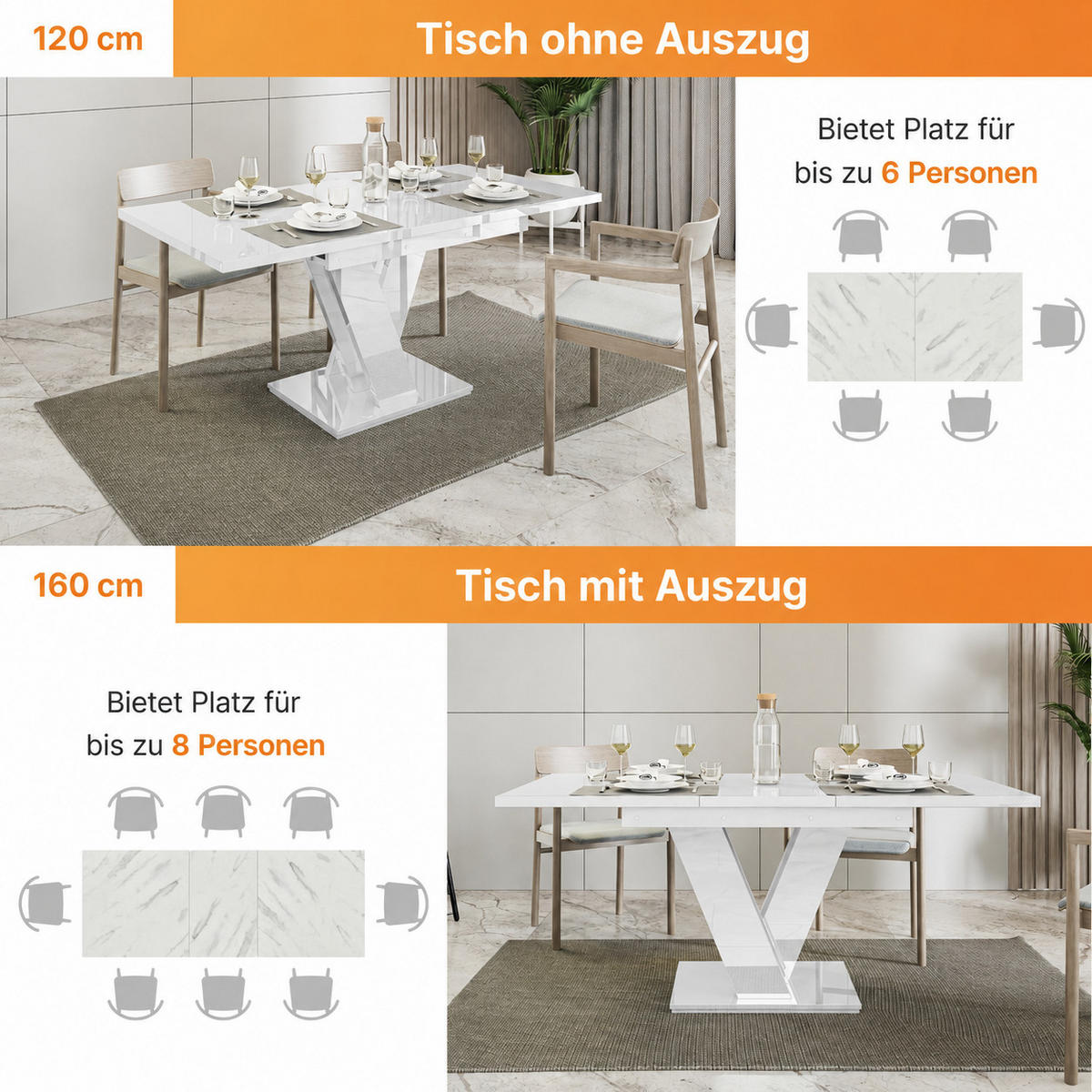 ESSTISCH Ausziehbar 120-160 cm Weiß glänzend - Weiß Hochglanz, Holzwerkstoff (160/80/75cm) - Home Collective