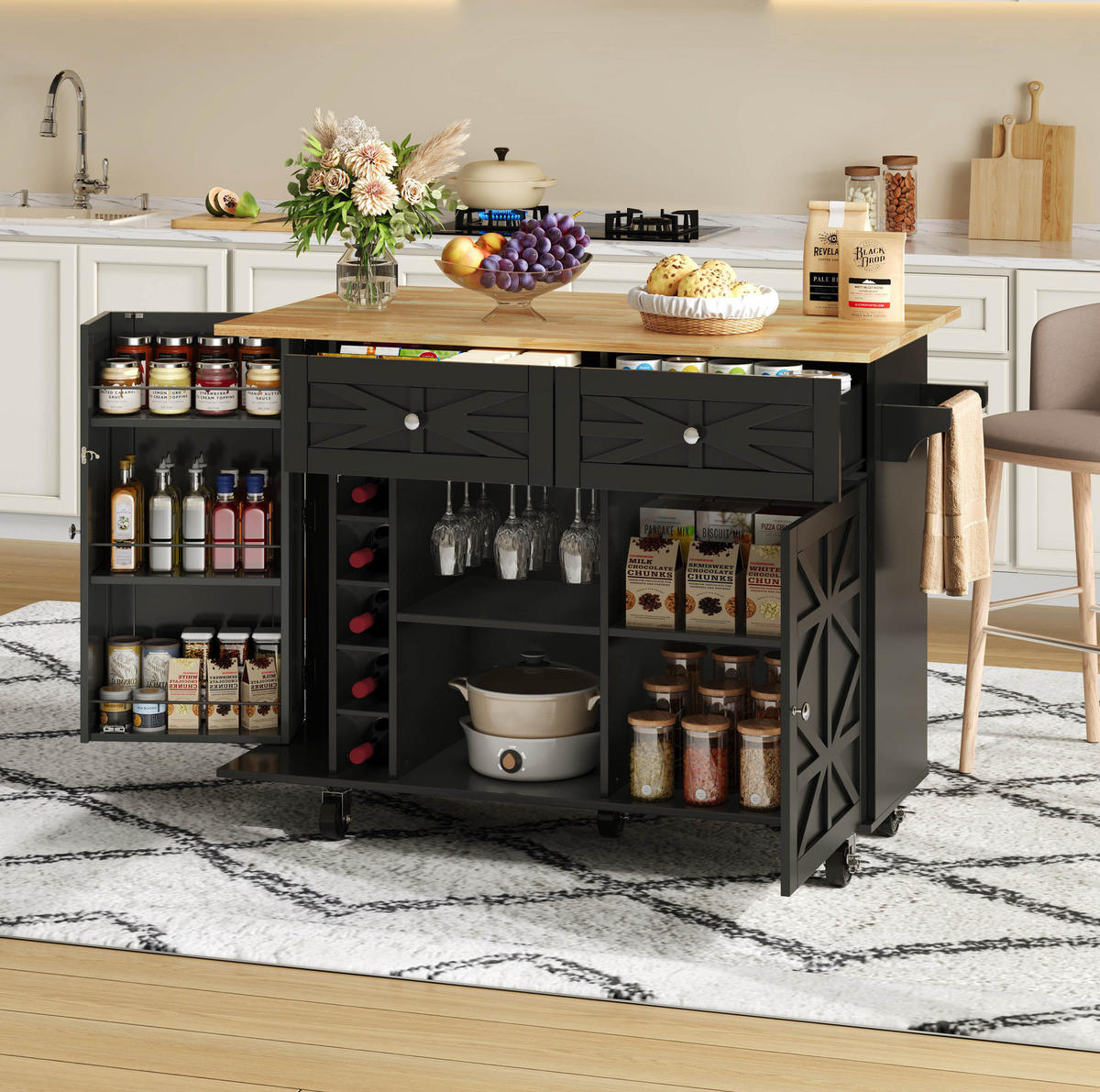 KÜCHENINSEL 120/45(70)/89 cm mit klappbarer Arbeitsplatte, Rollen und Stauraum aus MDF, Schwarz - Schwarz, Holzwerkstoff (120/89/70cm) - Redom