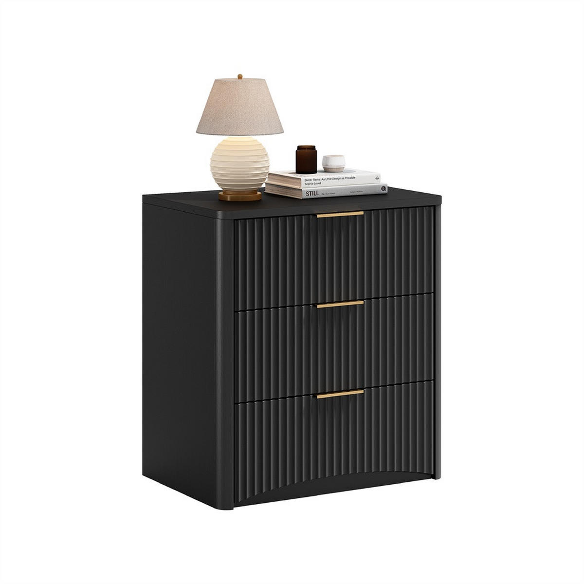 NACHTTISCH 58x38x64 cm mit 3 Schubladen - goldene Metallgriffe & geräuscharme Führung - Rillendesign - Schwarz - Schwarz, Holzwerkstoff (38/64/58cm) - DELFA