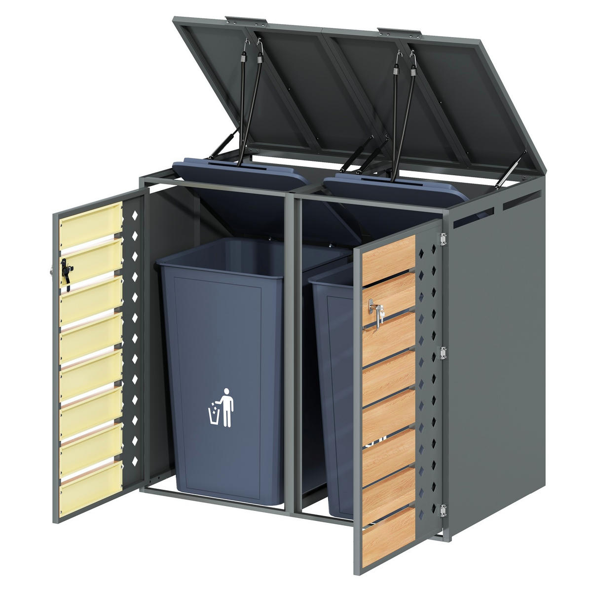 MÜLLTONNENBOX aus Stahl in Grau Holzoptik mit hydraulischem Klappdeckel - Grau, Metall (132/118.5/80cm) - Modfu