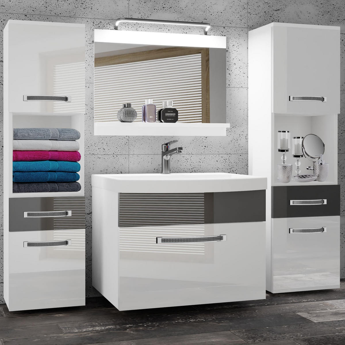 BADMÖBEL Badezimmer Weiß Silber Glänzend - Silberfarben/Weiß, Holz (140/113/40cm) - B BELINI GROUP
