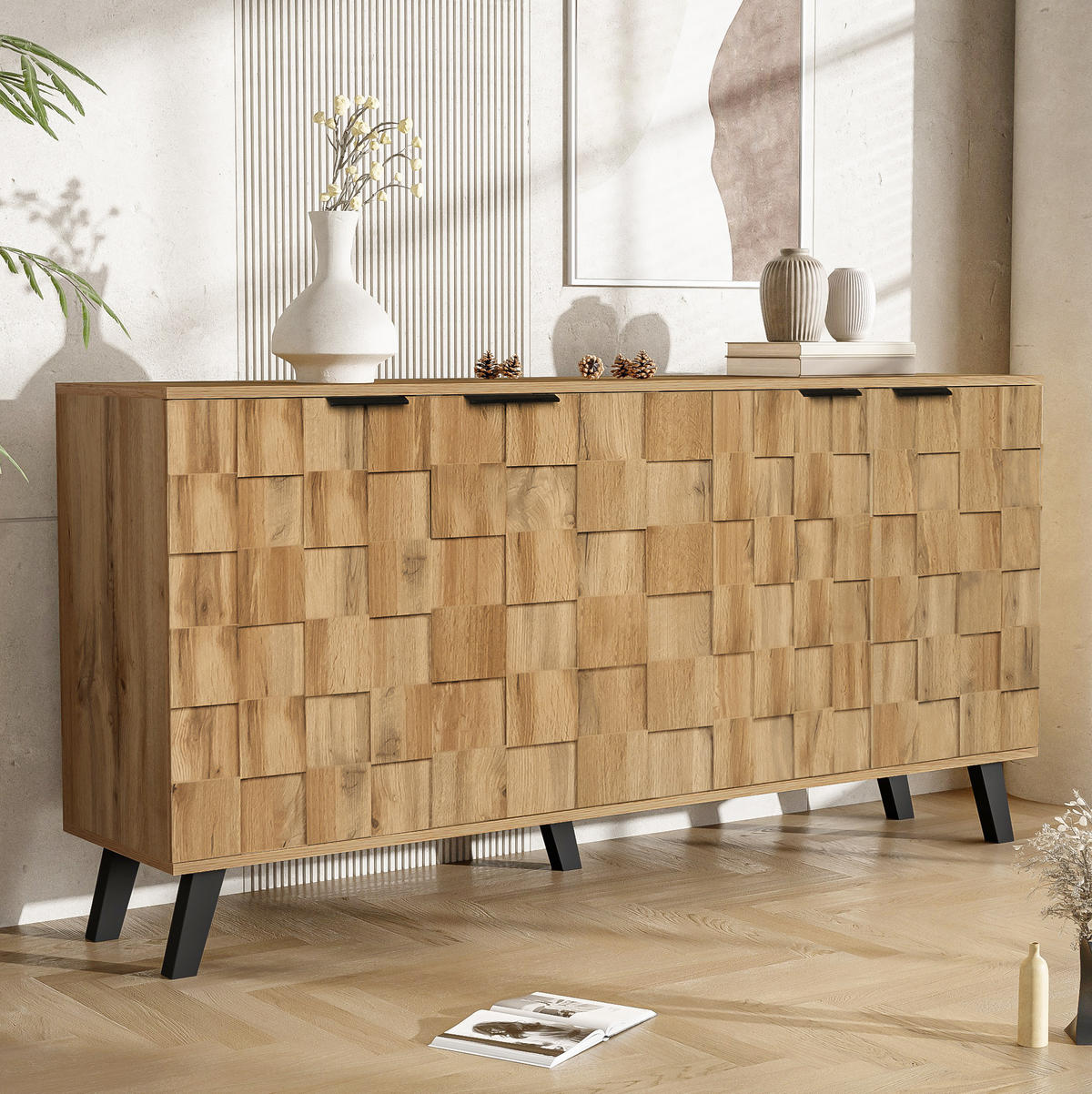SIDEBOARD mit 4 Türen, Holzoptik mit geometrischem Muster und schwarzen Beinen, 160,5/35,5/78 cm, Naturfarben - Naturfarben, Holzwerkstoff (160/78/35.5cm) - Redom