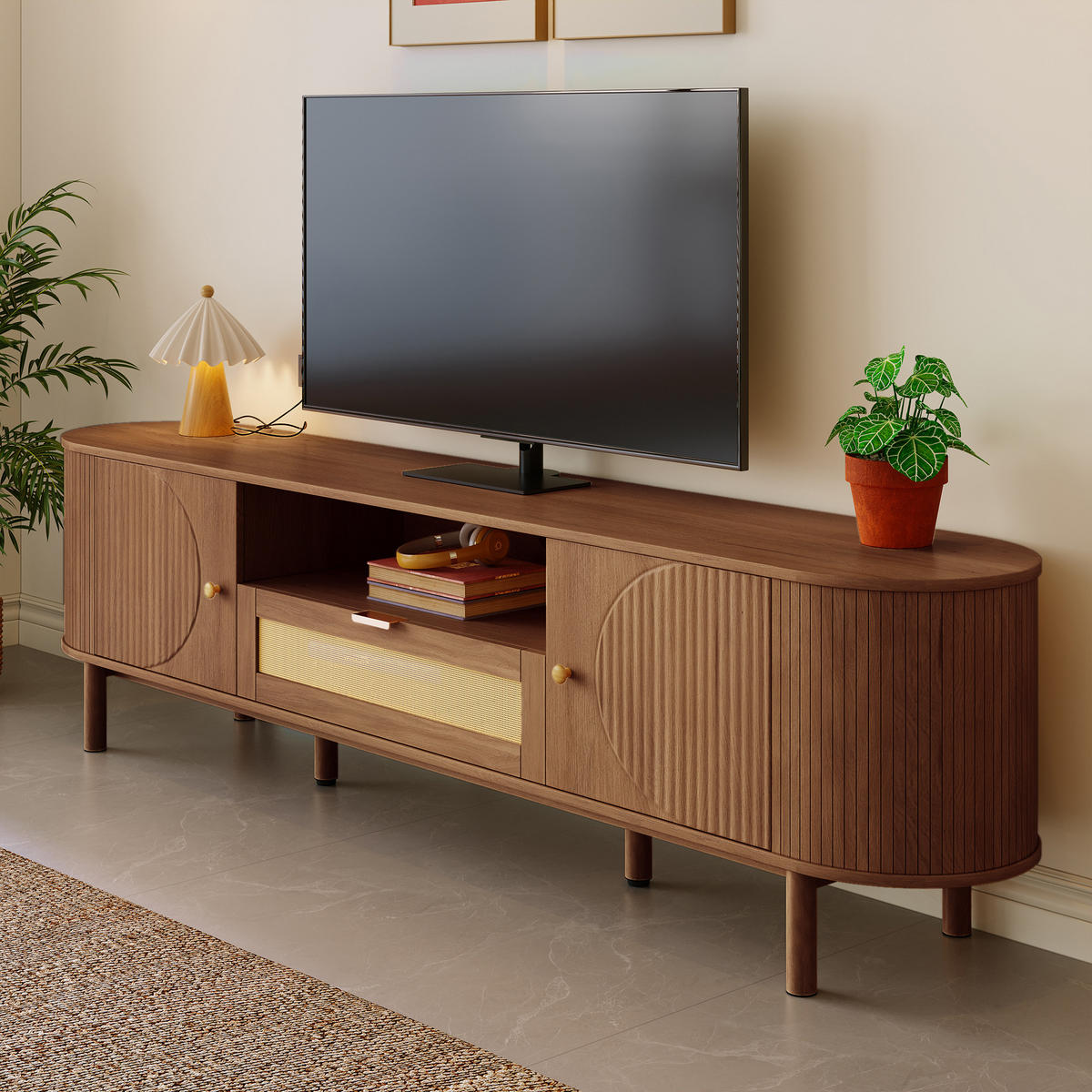 TV-SCHRANK Rattan Schubladen Offene Fächer Metallbeine Holzoptik - Walnussfarben, Holzwerkstoff (36/51/175cm) - FLIEKS